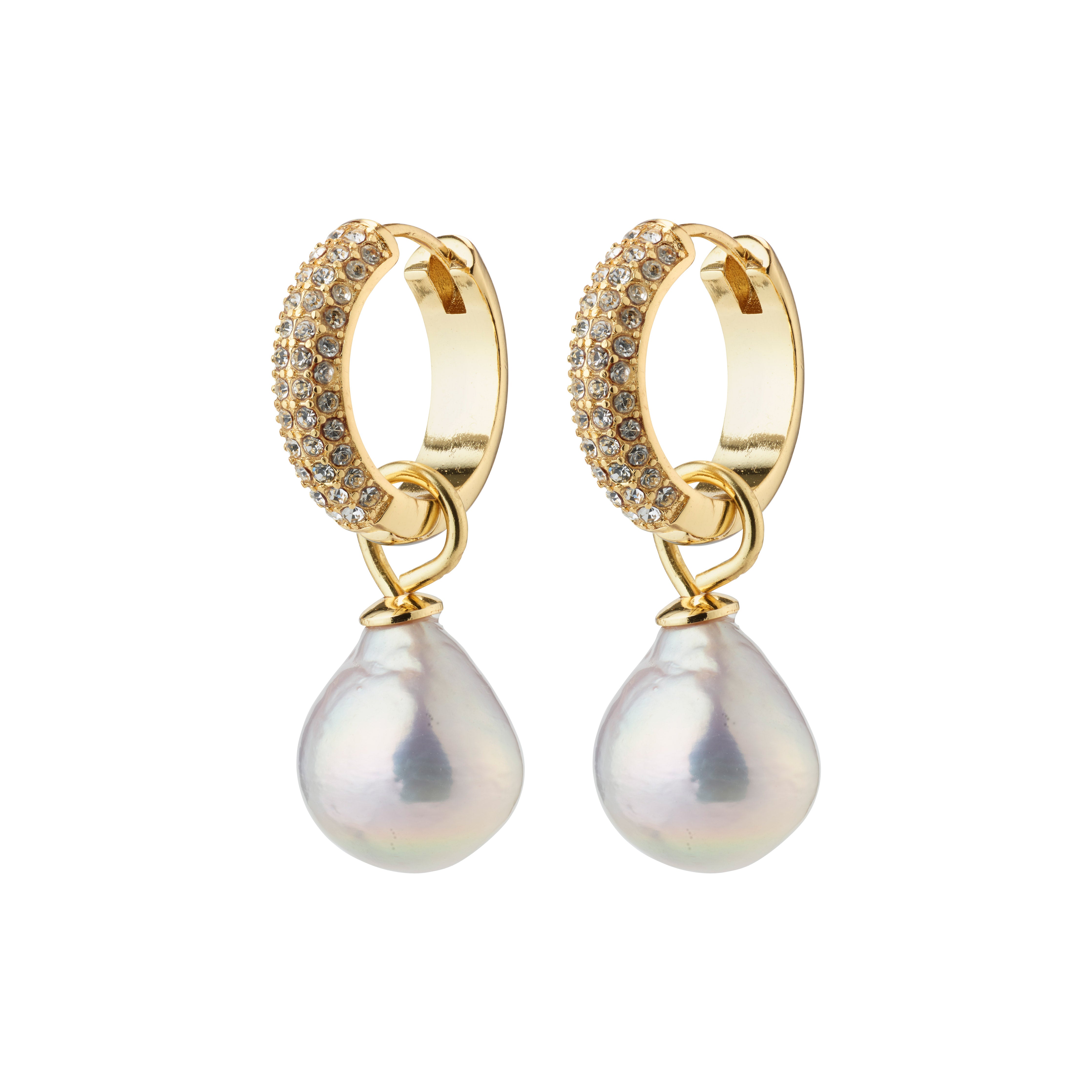 EDELE pearl earrings gold-plated, featuring chunky hoops with Preciosa crystals and detachable pearl pendants, offering versatile elegance for various outfits and occasions.