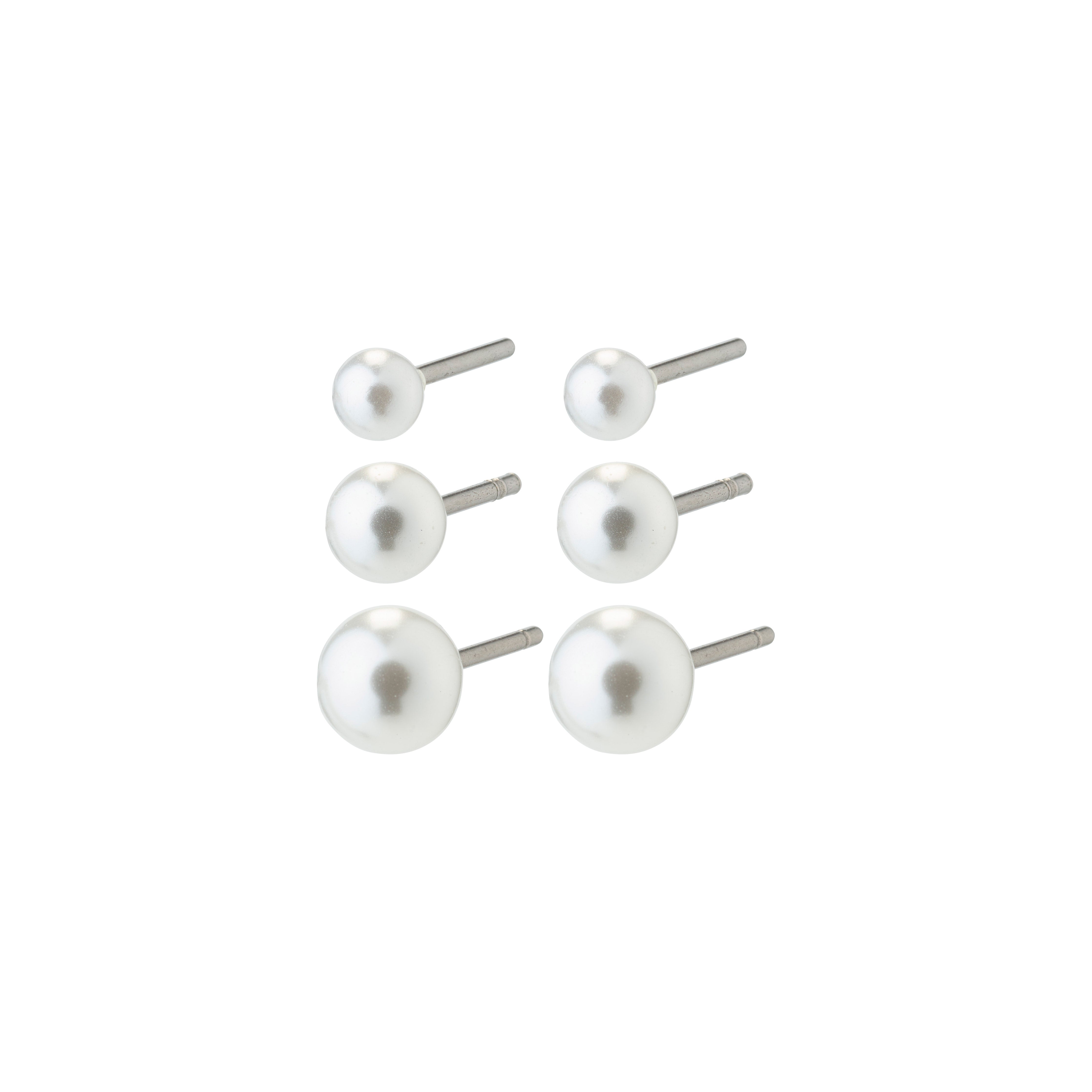 ELISA pearl earrings 3-in-1 set, featuring silver-plated earrings with pearls in three sizes, perfect for a classic and elegant style.