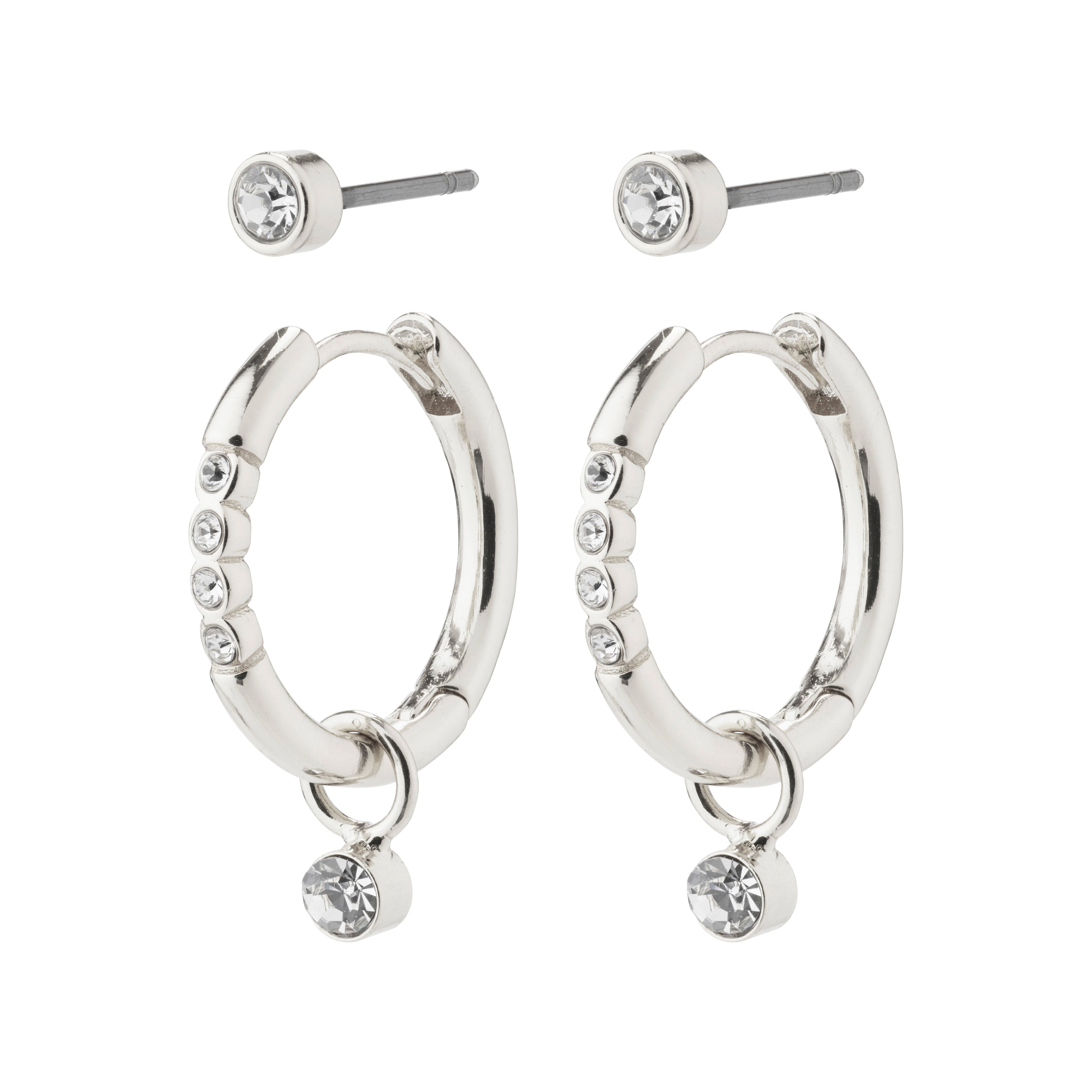 ELNA crystal earrings 2-in-1 set, featuring silver-plated ear studs and crystal-adorned hoops, made from 95% recycled materials for versatile, eco-friendly style.
