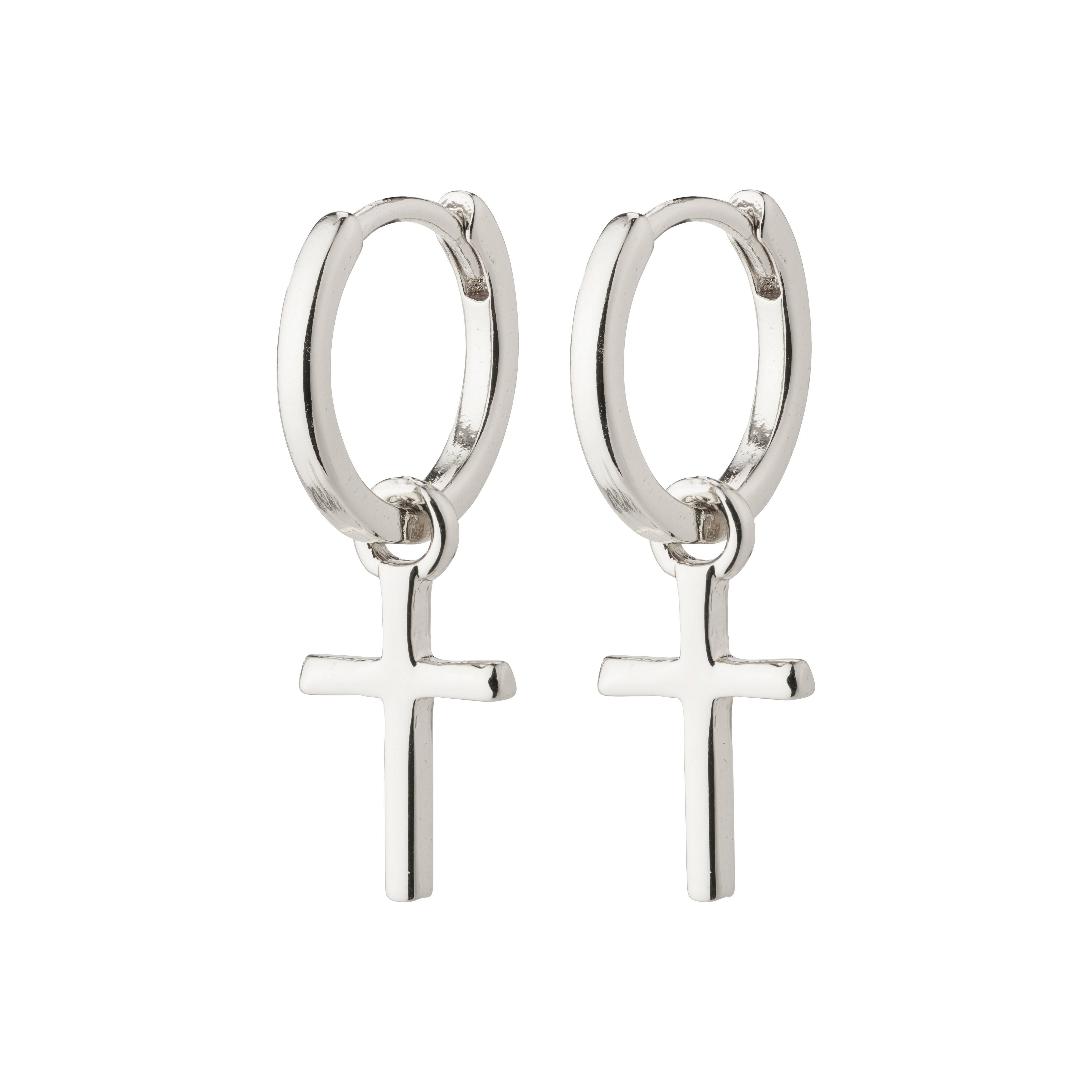 DAISY cross hoops silver-plated earrings from Pilgrim, featuring removable cross pendants for a versatile, elegant look. Made from 99% recycled materials, ideal for trendsetters.
