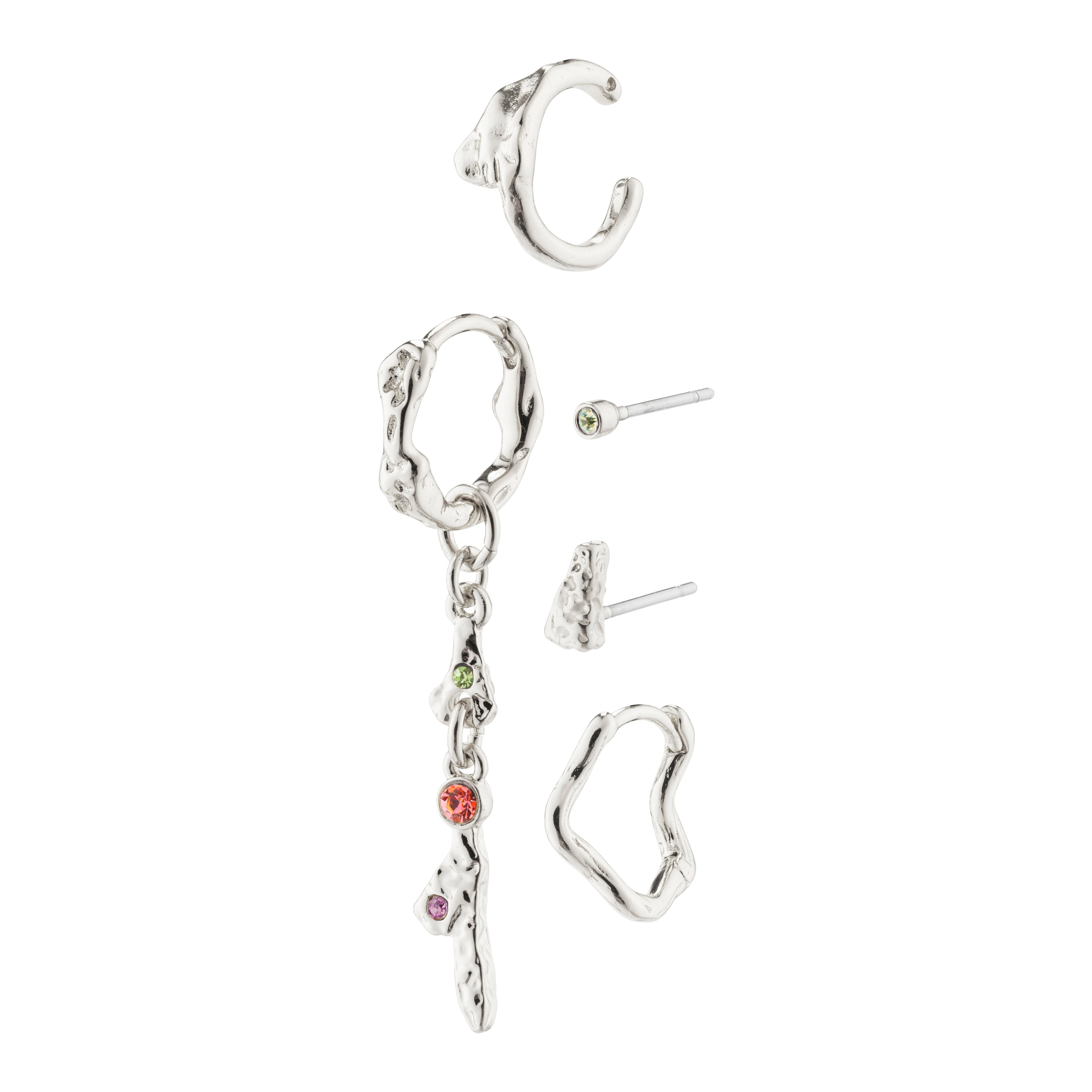 IRENE earrings & cuff 5-in-1 set silver-plated, featuring asymmetrical designs with micro-studs, a huggie hoop, an ear cuff, and a pendant with colorful crystals.