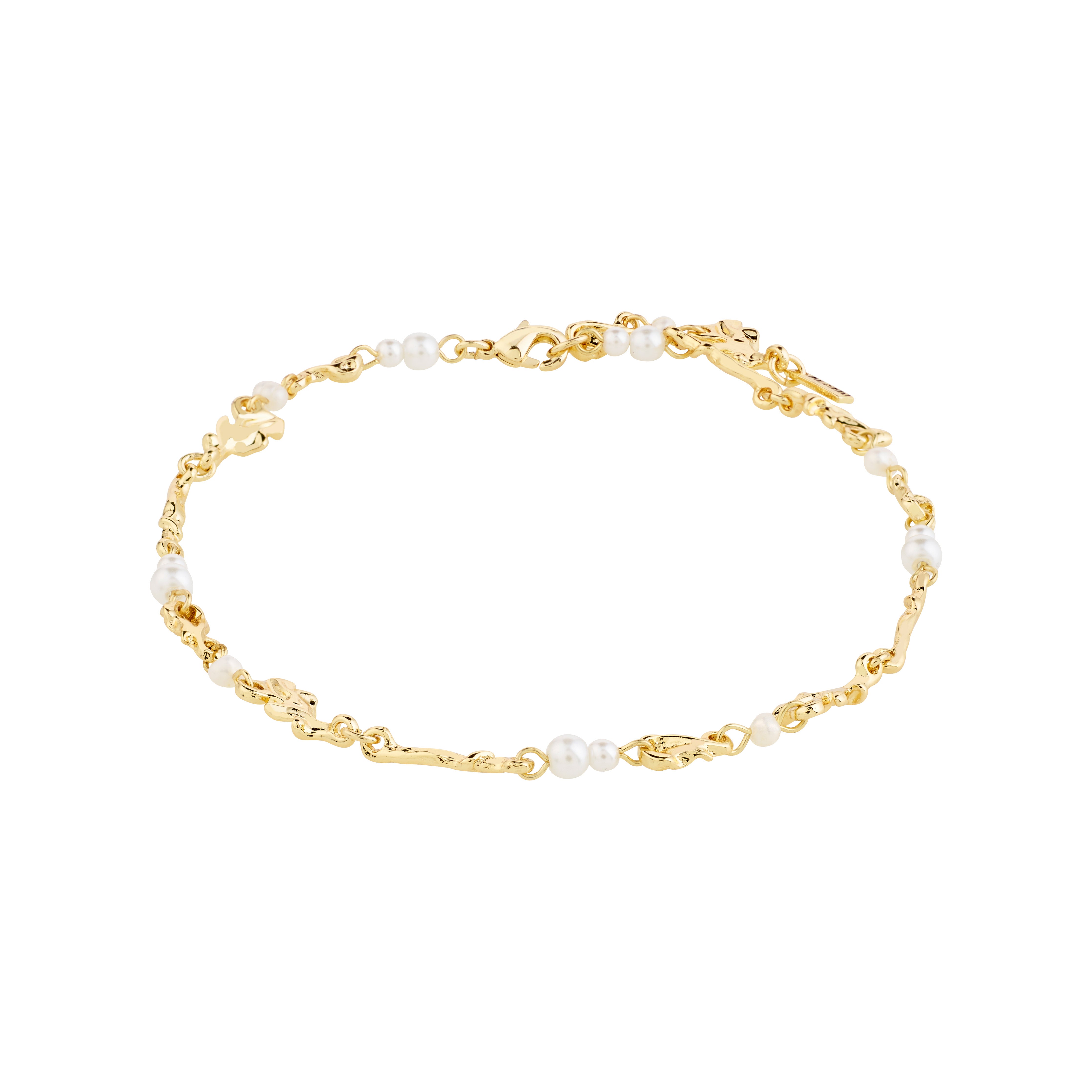 SLOAN ankle chain gold-plated, featuring white freshwater pearls and glass beads with organic pendants, offering a stylish, handcrafted touch for a chic summer look.