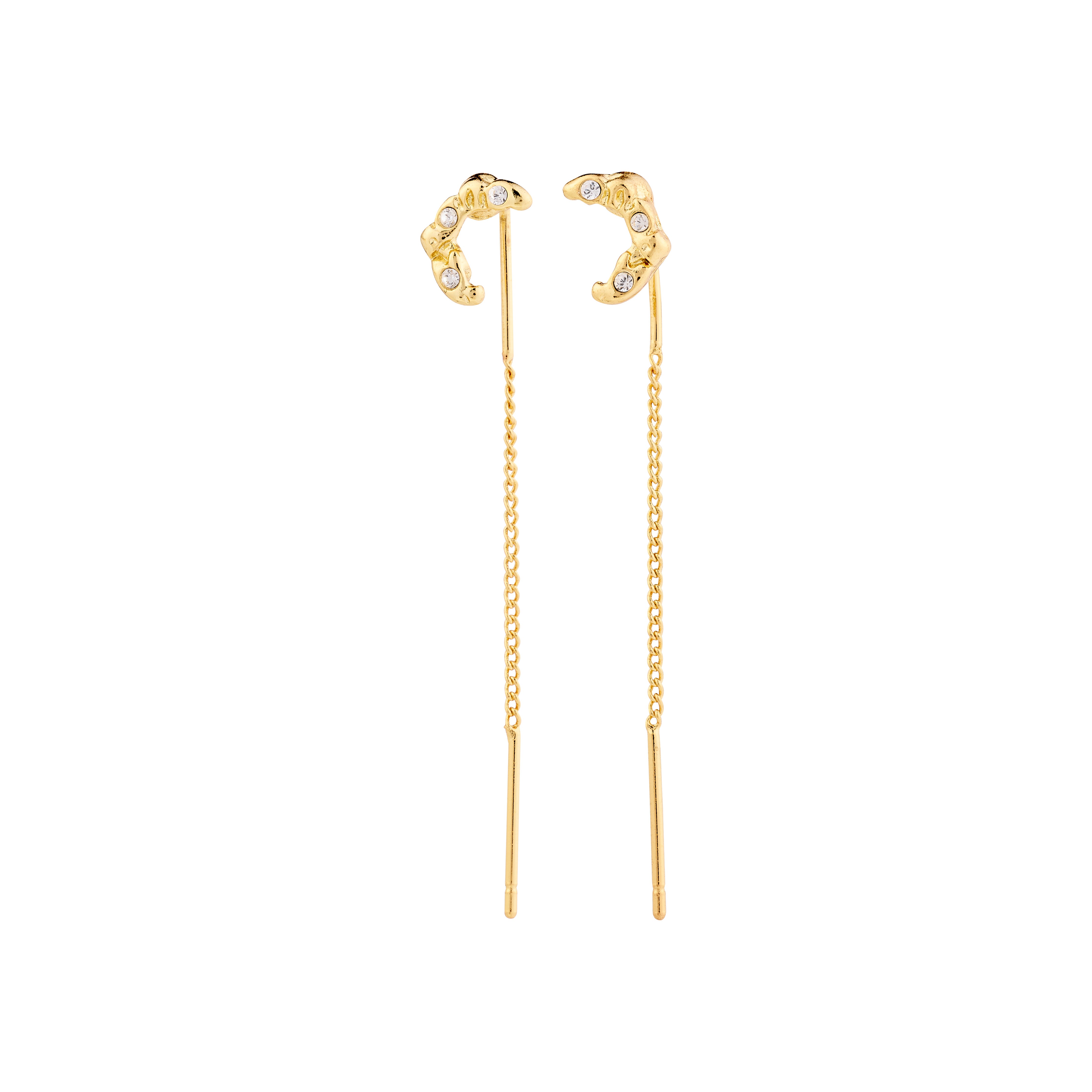 KORA moon chain earrings gold-plated, featuring stylish chains and moon symbols adorned with Preciosa crystals, made from 98% recycled materials.