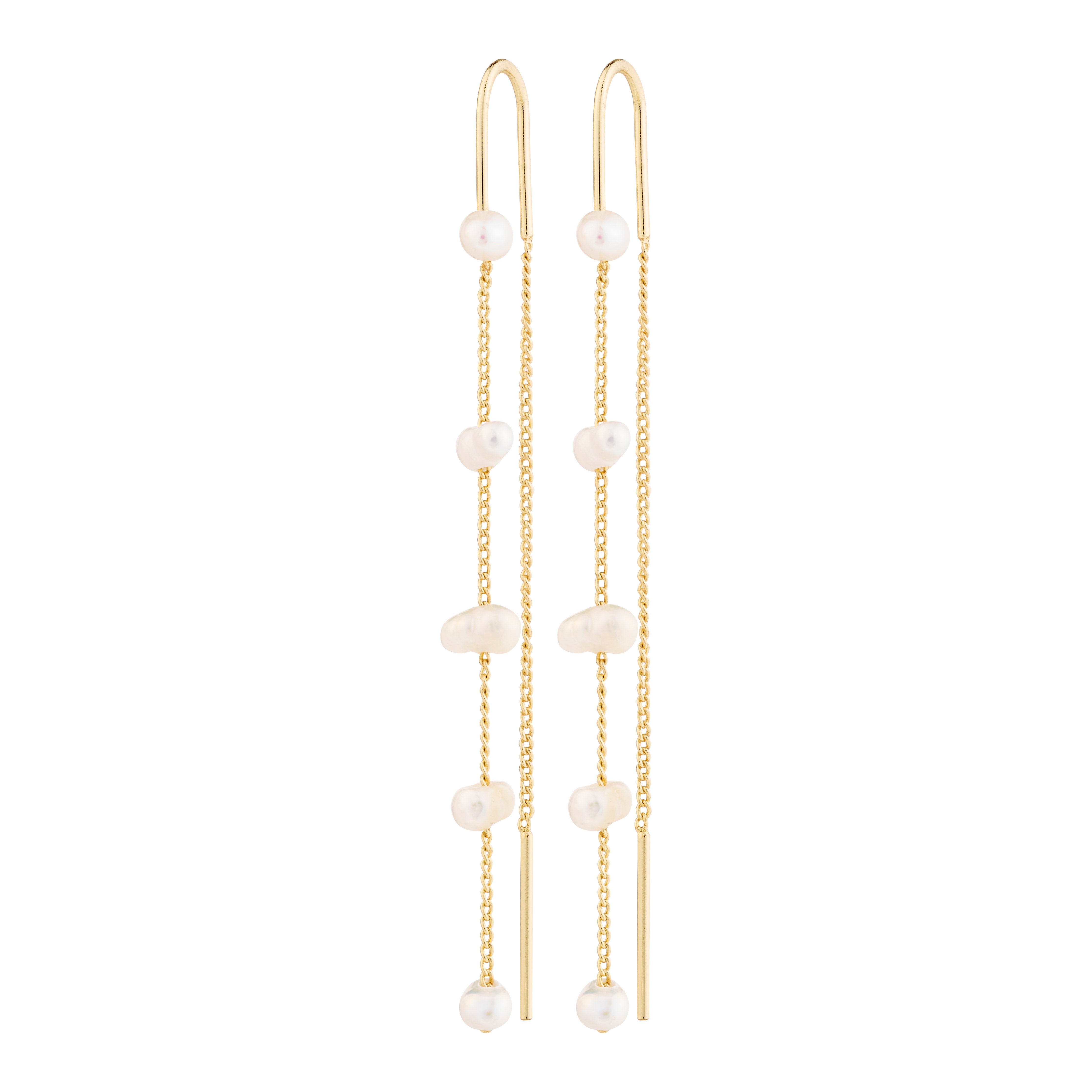 ZENAIA pearl chain earrings gold-plated, featuring elegant, long gold chains with delicate freshwater pearls, offering a sophisticated and timeless silhouette from Pilgrim.