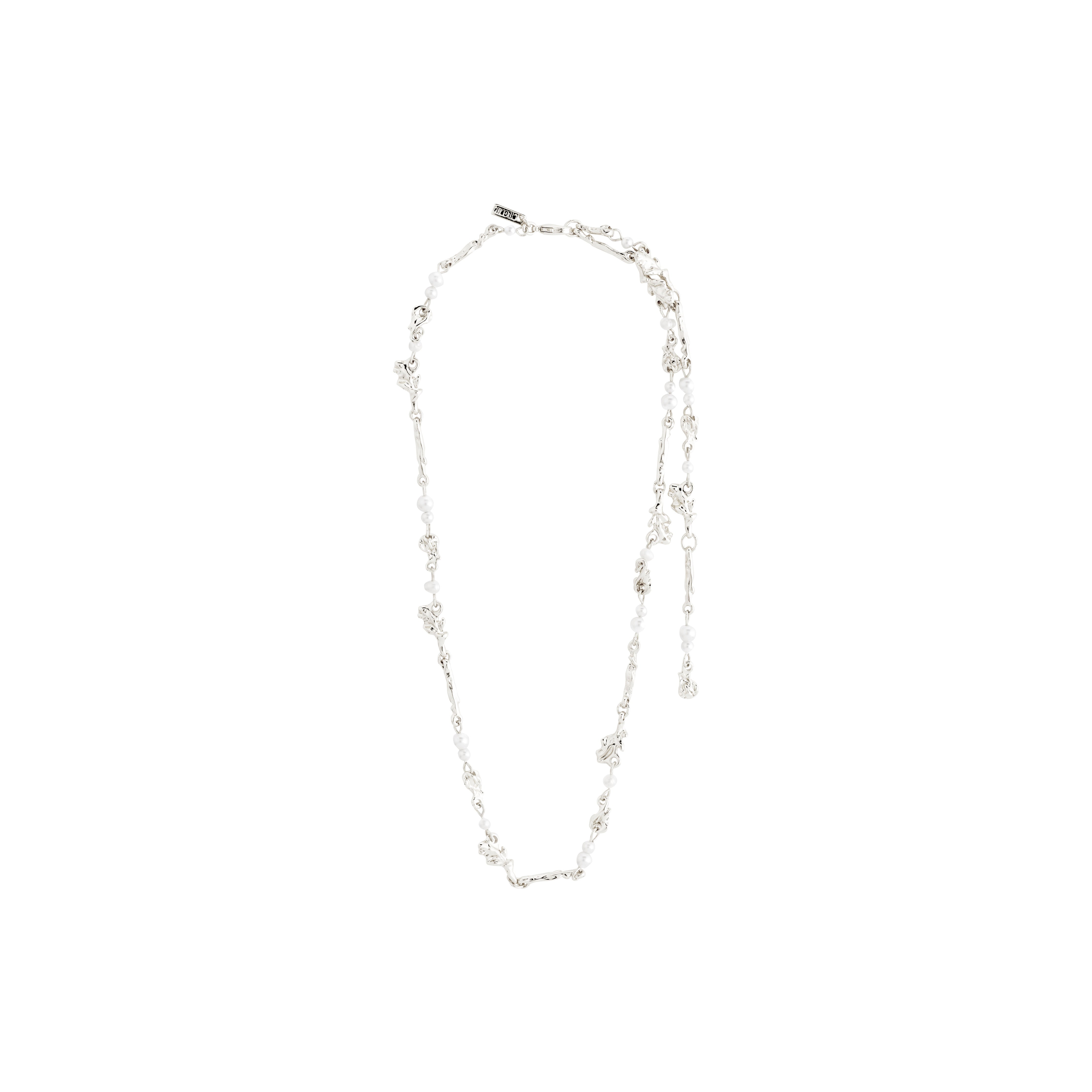 SLOAN pearl necklace silver-plated with white freshwater pearls and glass beads, featuring organically shaped links for a trendy, handcrafted look.
