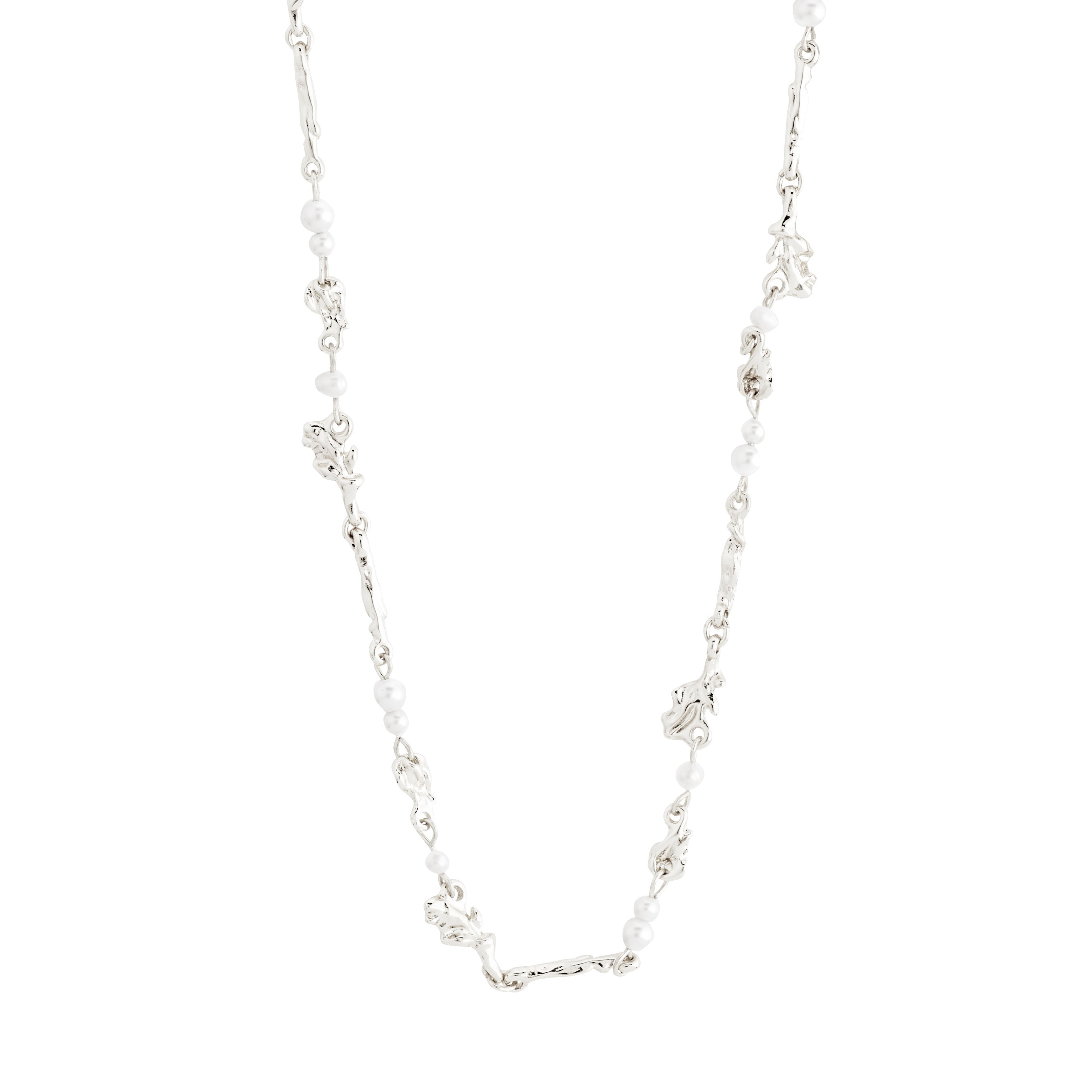 SLOAN pearl necklace, silver-plated, featuring white freshwater pearls and glass beads with organically shaped links, offering a light, romantic, handcrafted look.