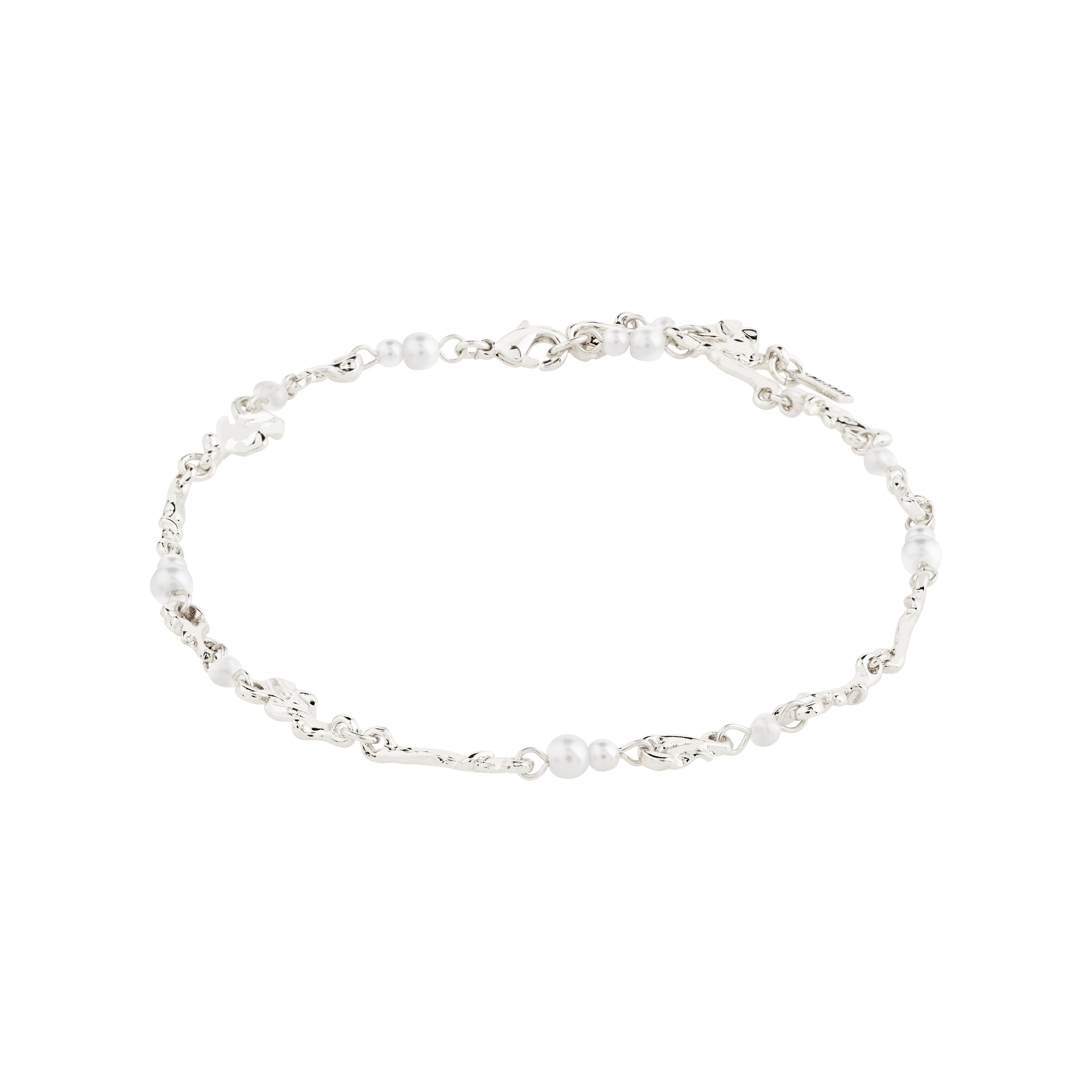 SLOAN ankle chain silver-plated with white freshwater pearls and glass beads, featuring organic silver-plated pendants, perfect for enhancing your summer style.