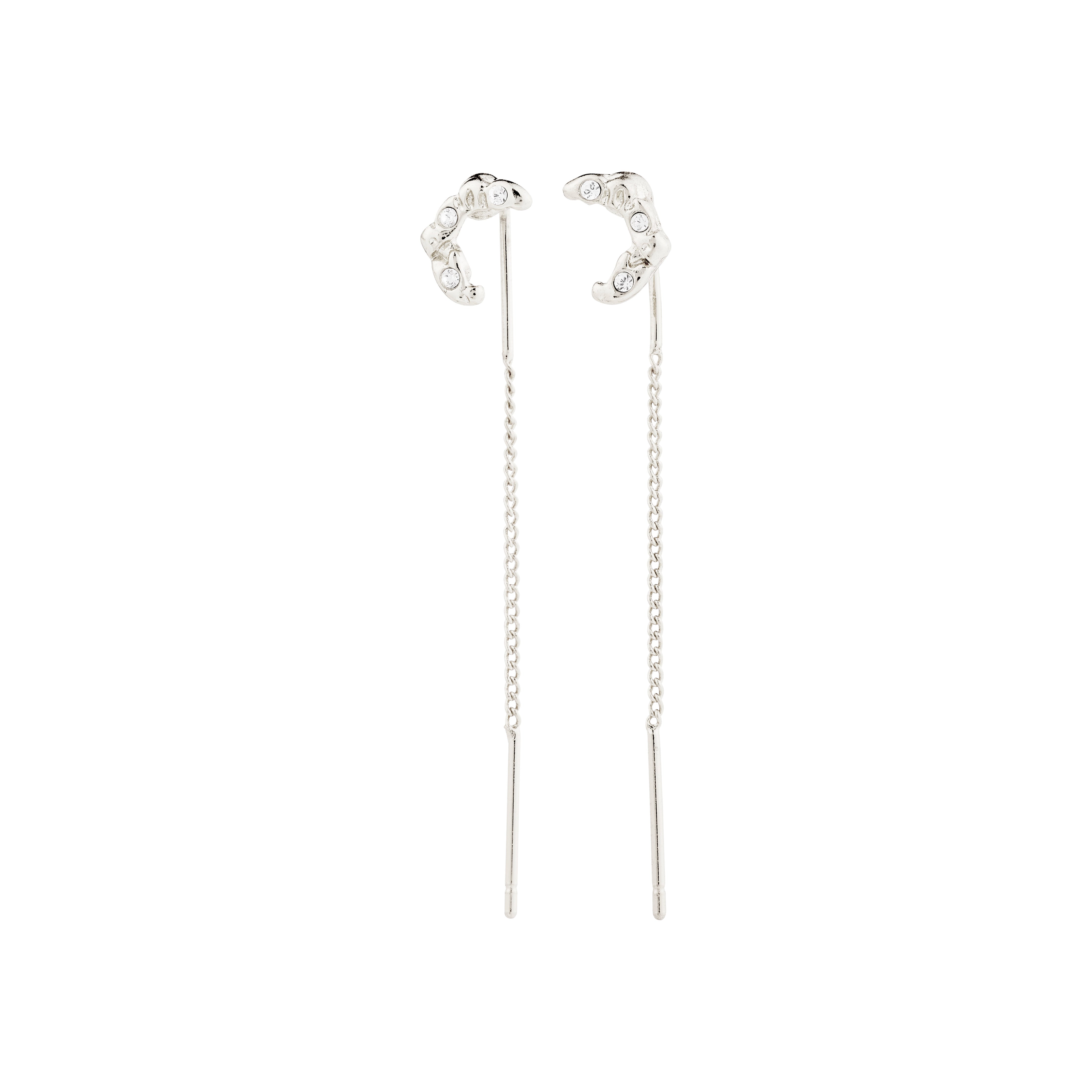 Silver-plated KORA moon chain earrings feature a stylish chain design with moon symbols adorned with sparkling Preciosa crystals, reflecting Pilgrim's sustainable craftsmanship.