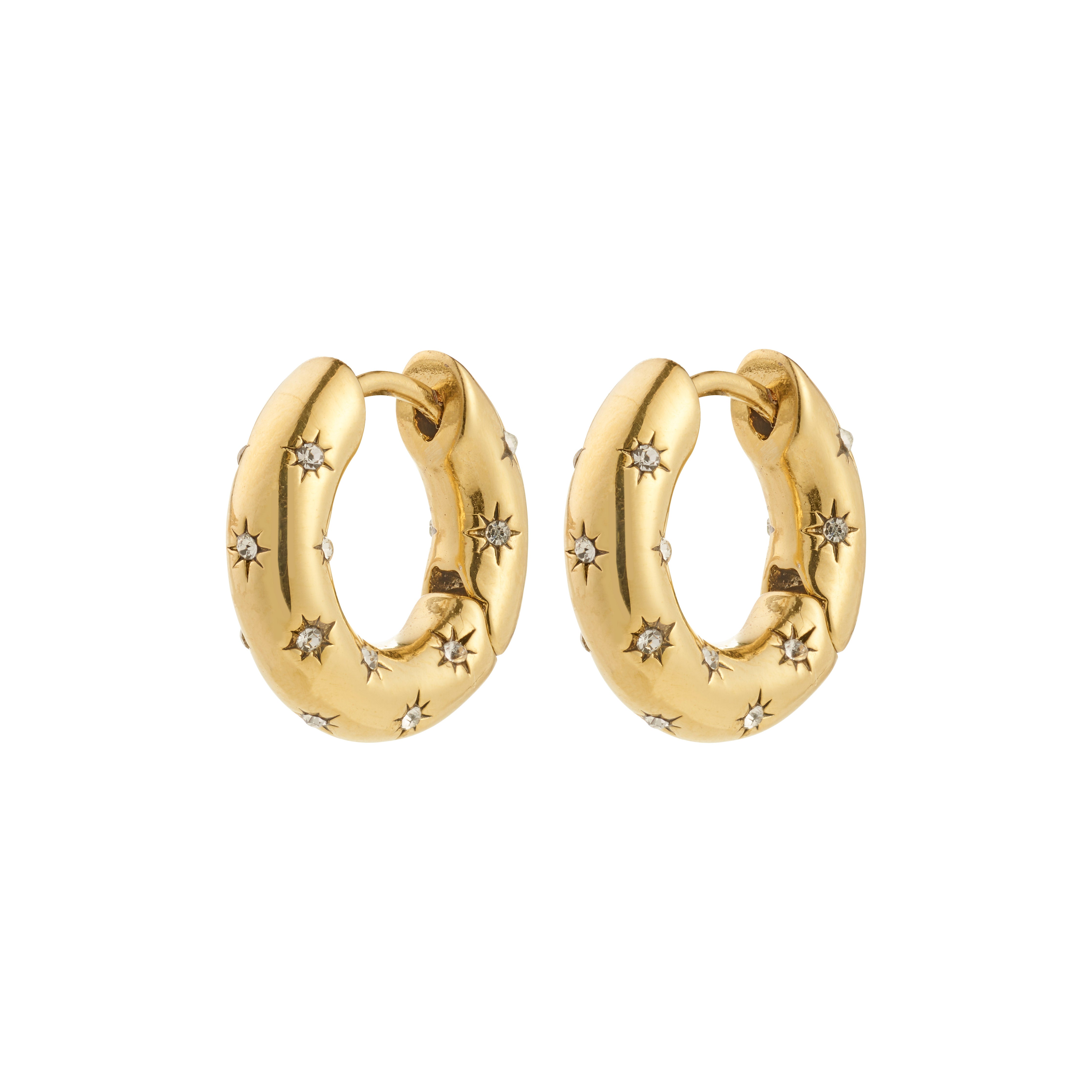 NEVAEH hoops gold-plated, chunky with Preciosa crystals, featuring a click clasp, crafted from 97% recycled material for a starry night sparkle, perfect for any occasion.