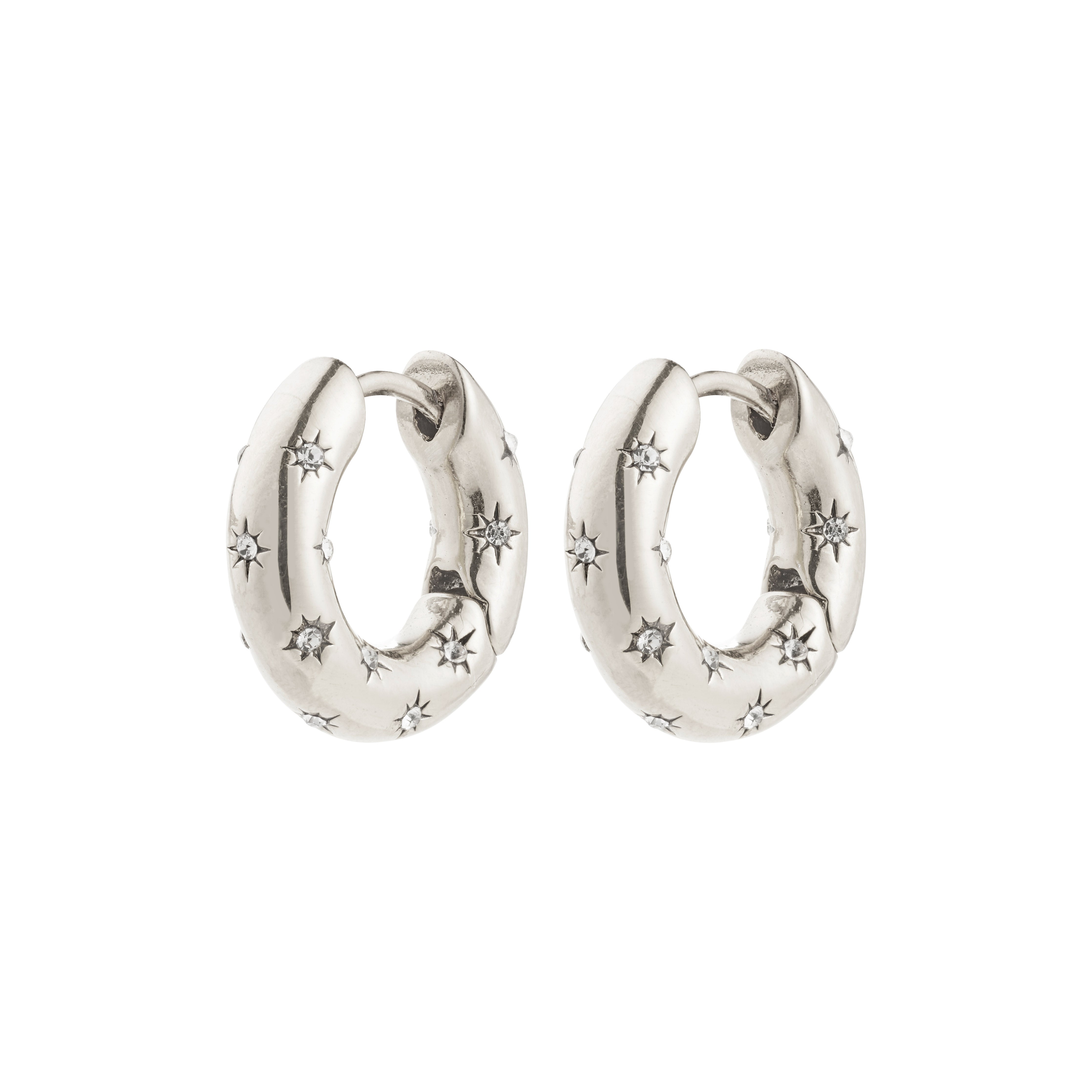 NEVAEH hoops, silver-plated chunky earrings with petite Preciosa crystals, featuring an easy click clasp, embodying starry night magic. Made with 97% recycled materials.