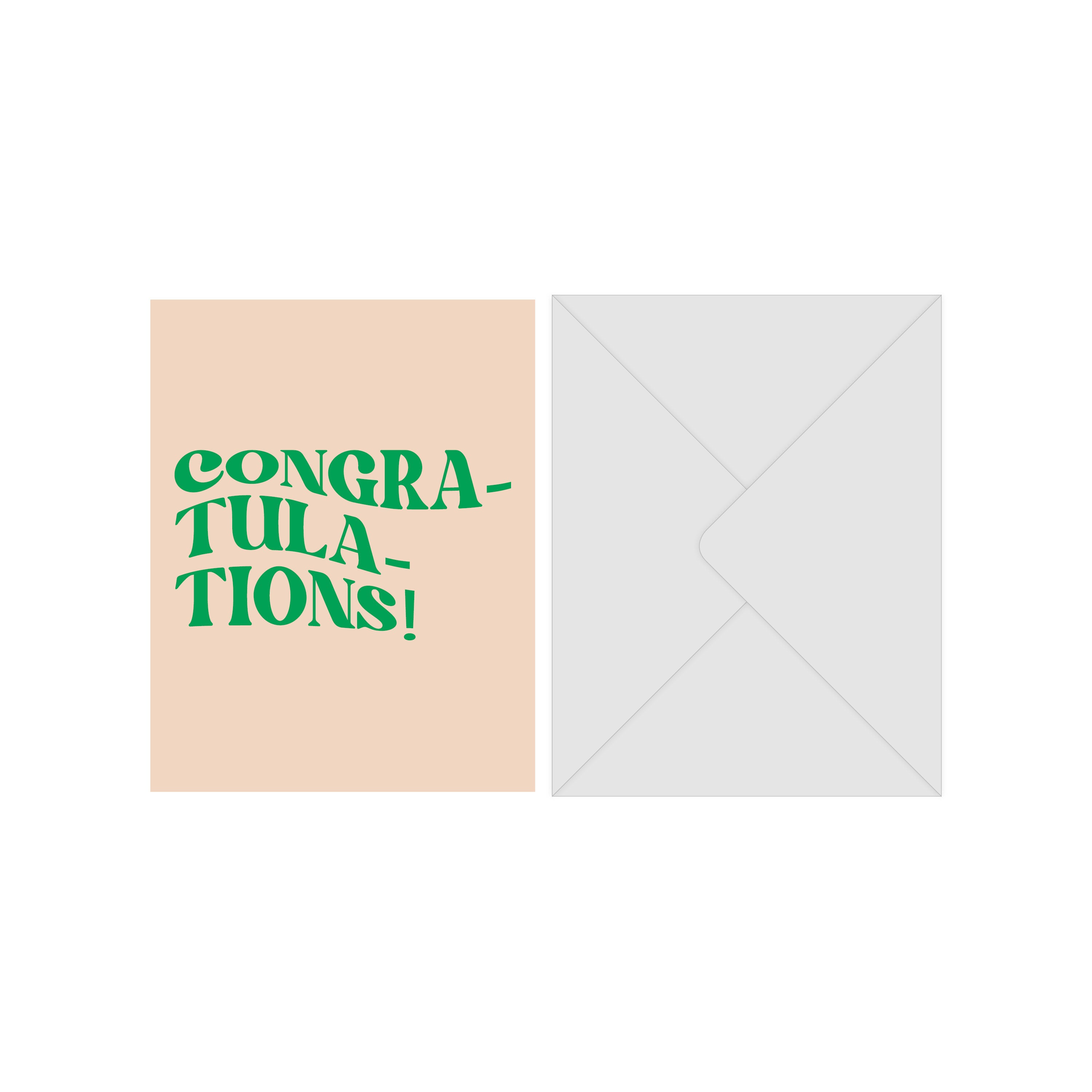 Greeting card with envelope featuring green text, Congratulations. Stylishly designed, perfect for personal messages, aligning with Pilgrim's trendy and inclusive ethos.