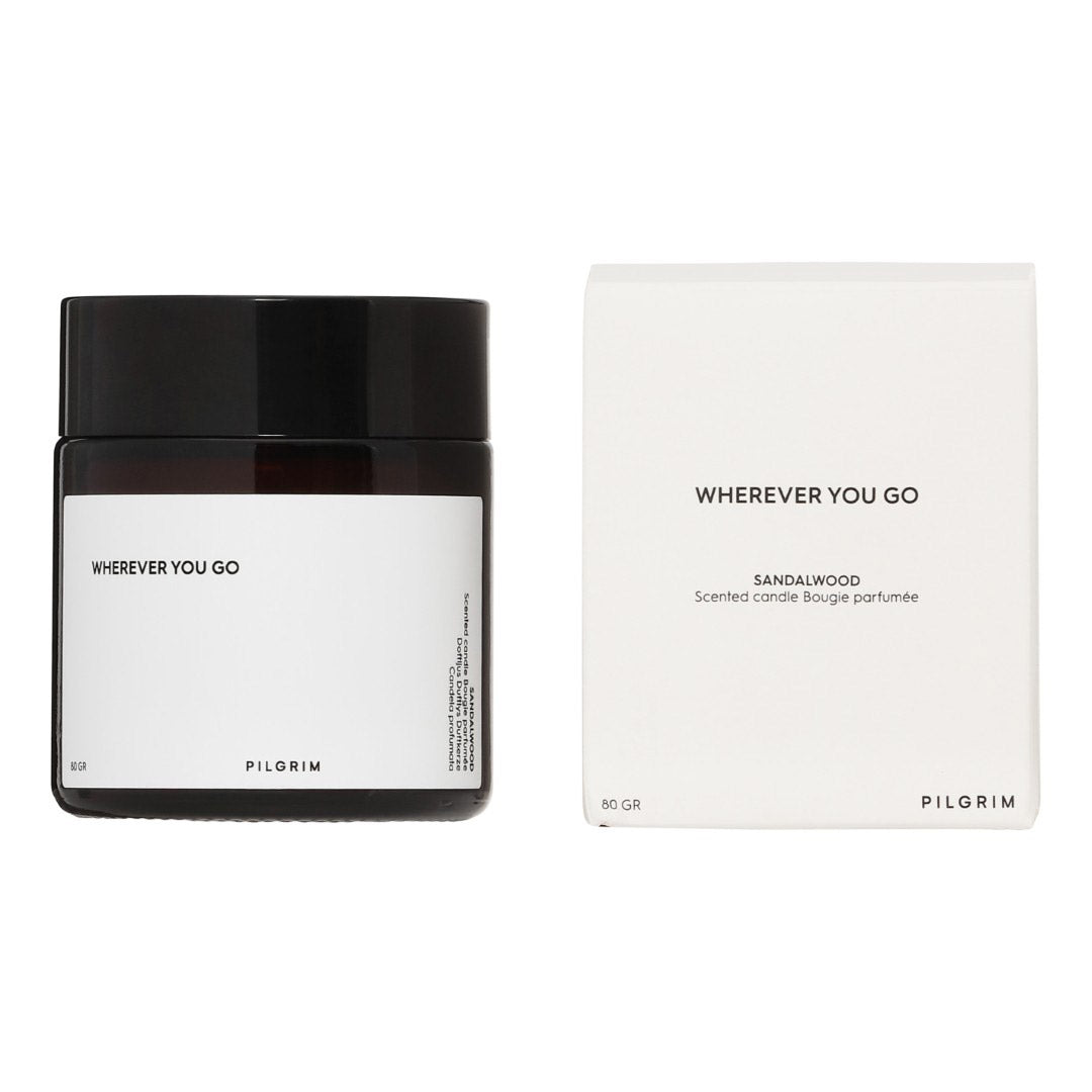 PILGRIM Scented candle, brown, crafted from sustainable rapeseed wax, offers a sandalwood aroma, featuring an Eco-Tex certified cotton wick for a serene burn.