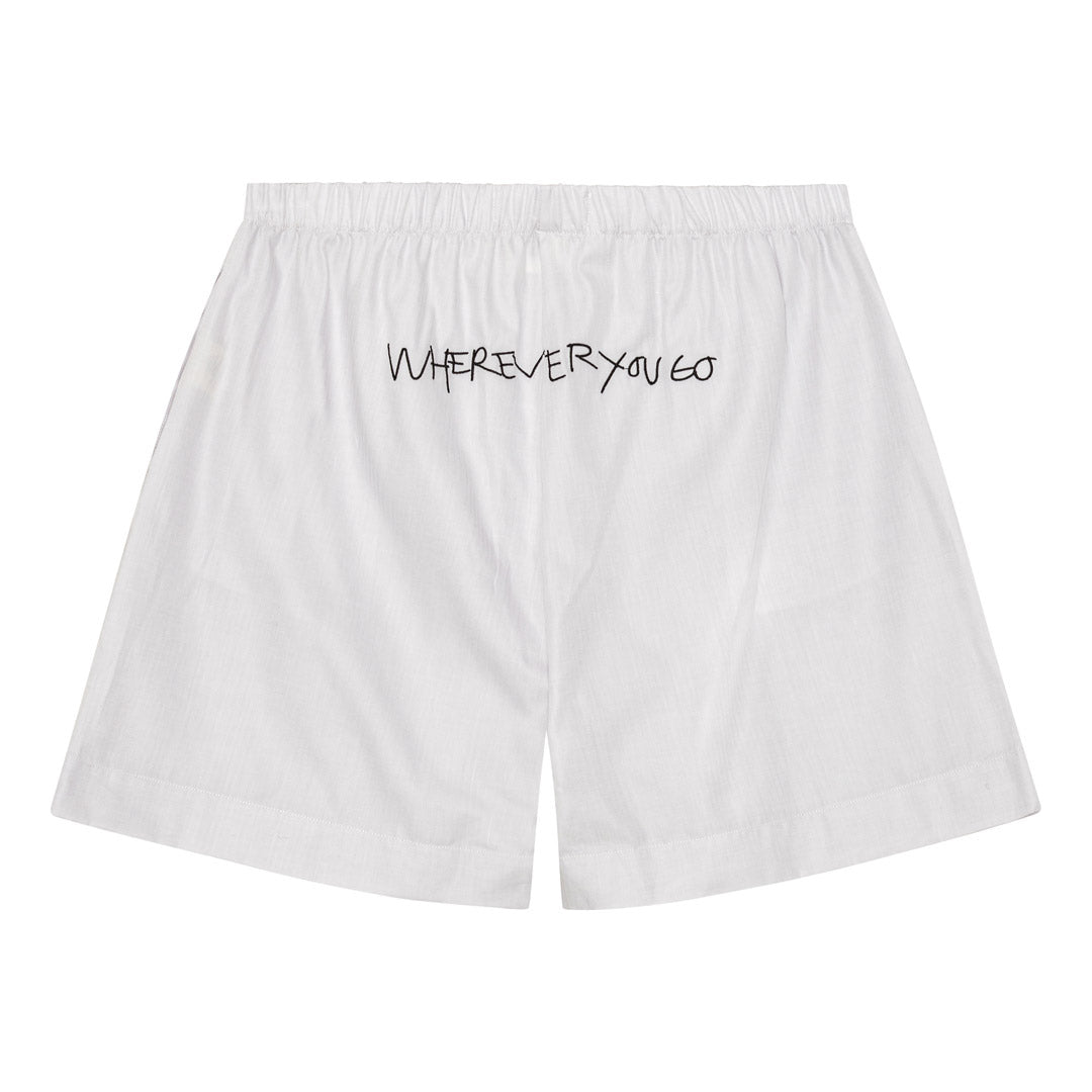 PILGRIM Shorts M/L: Off-white cotton boxer shorts with an oversized fit, elastic waist, side pockets, front button, and handwritten text on the back.