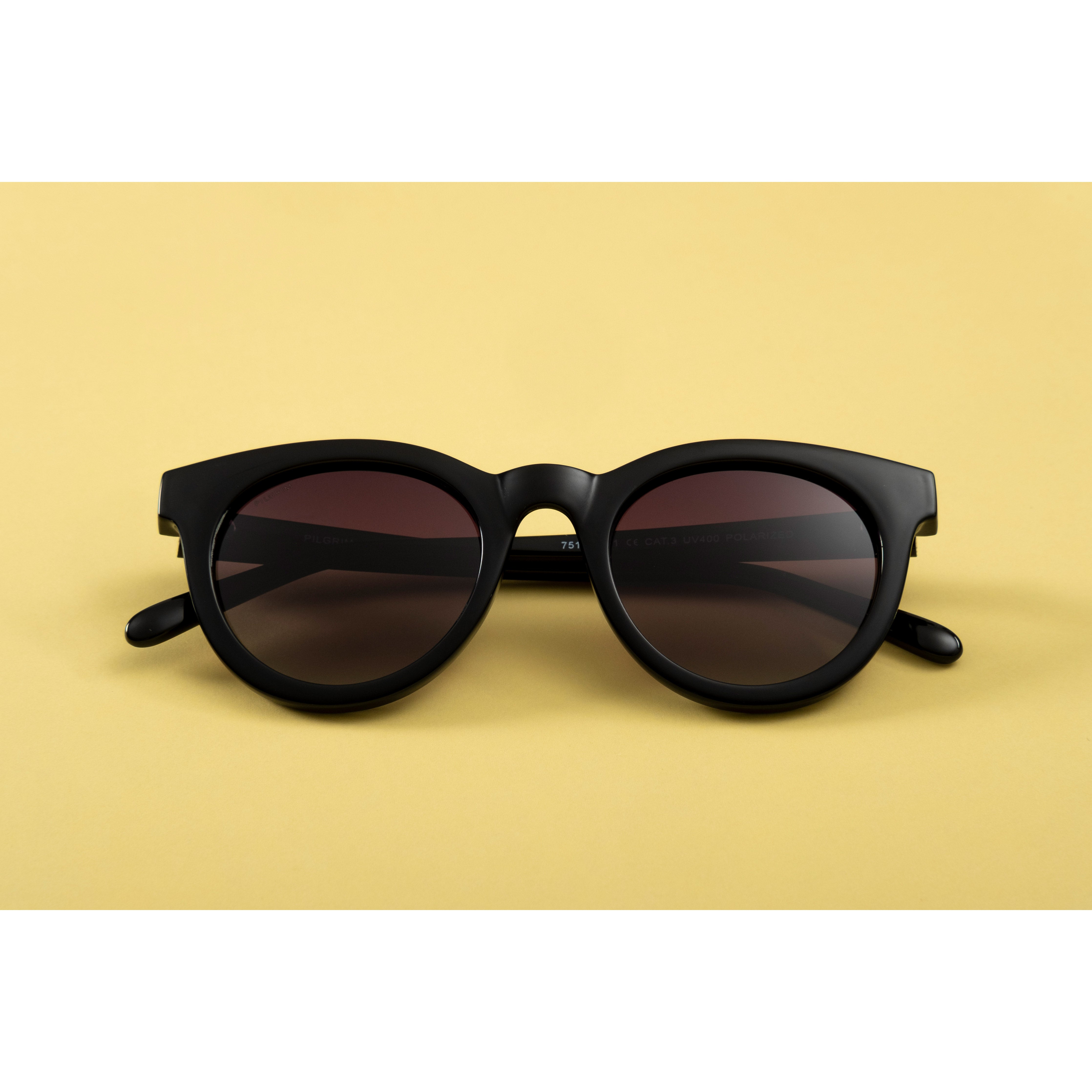 Sunglasses: Meriel: Black - Classic round sunglasses with black frames, brown lenses, and metal temple detail, offering stylish sun protection.