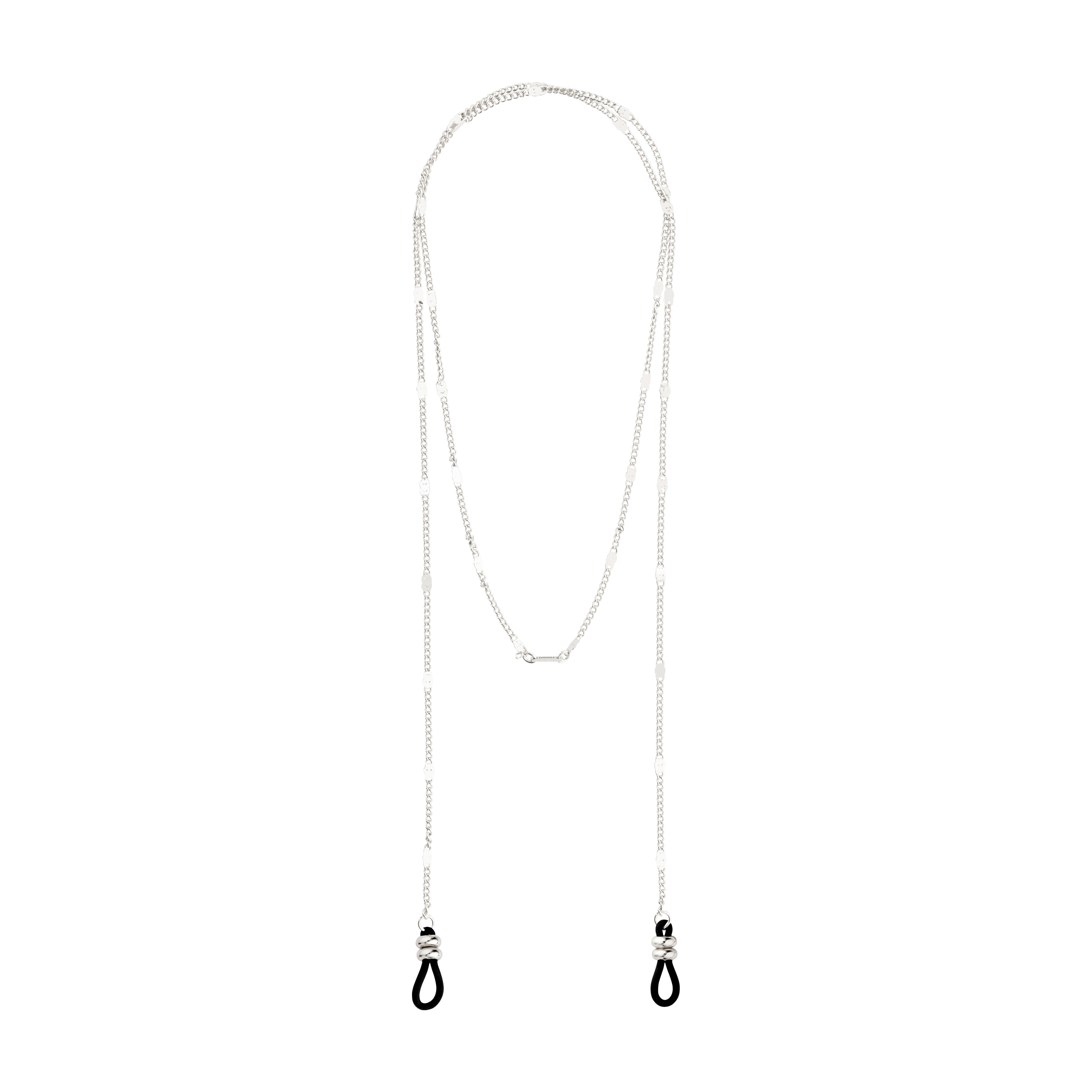 CAT chain for sunglasses, silver-plated, featuring a stylish design with flattened links and black adjustable rubber loops for attaching to glasses.