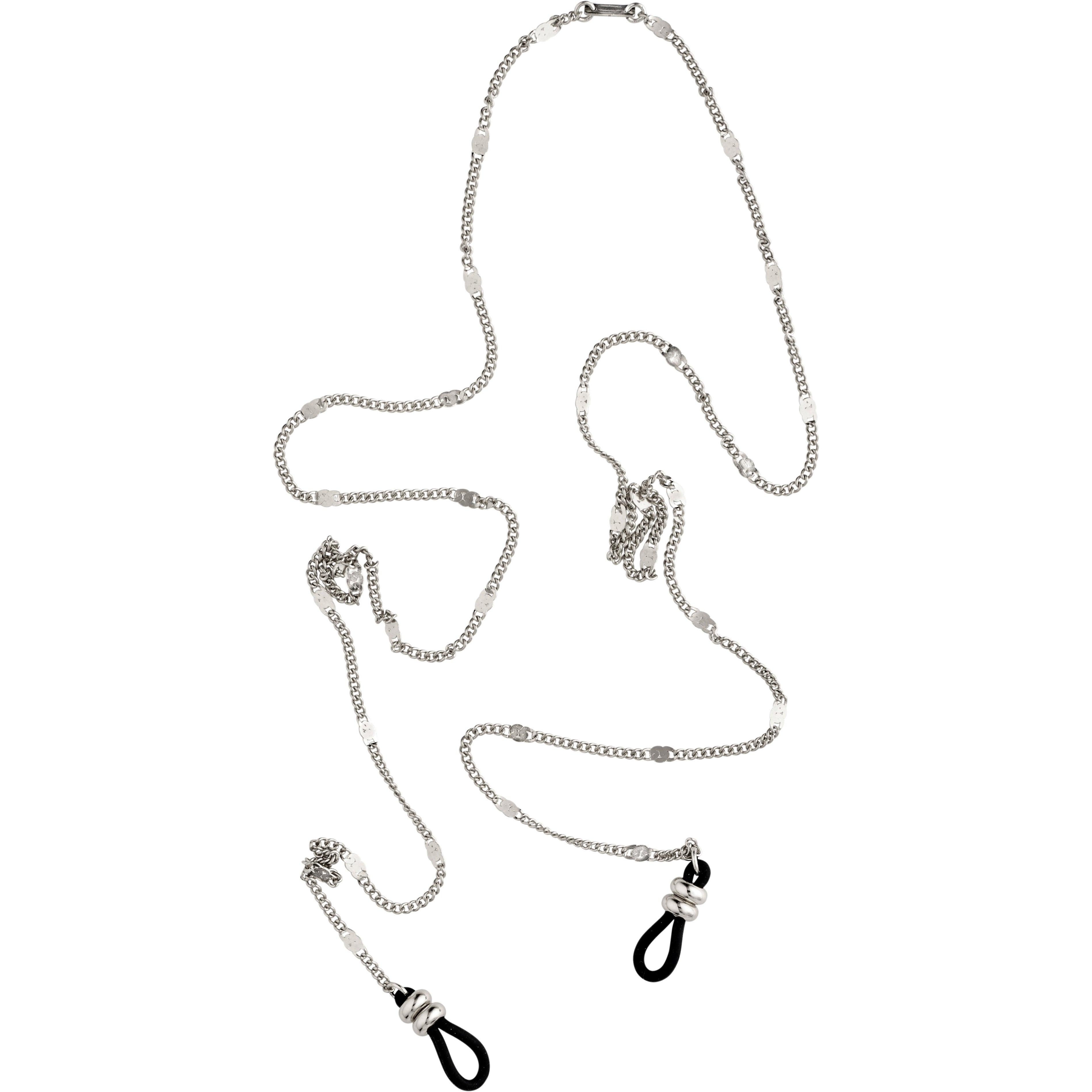 Silver-plated CAT chain for sunglasses with flattened links and black adjustable rubber loops, designed for style and functionality. Compatible with Pilgrim sunglasses.