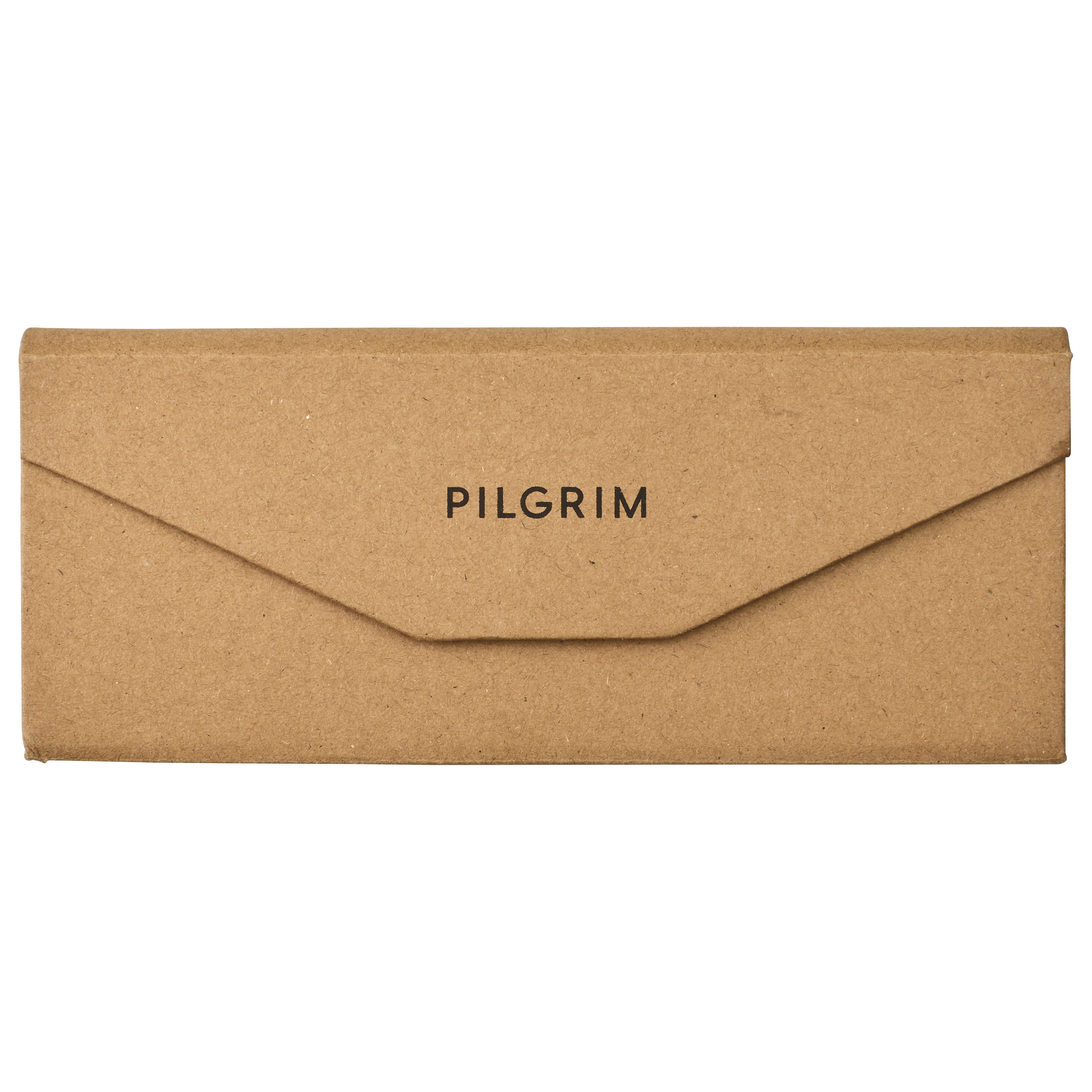 Brown envelope with black text, featuring the Case for sunglasses - PILGRIM logo, highlighting Pilgrim's blend of timeless design and Scandinavian quality.