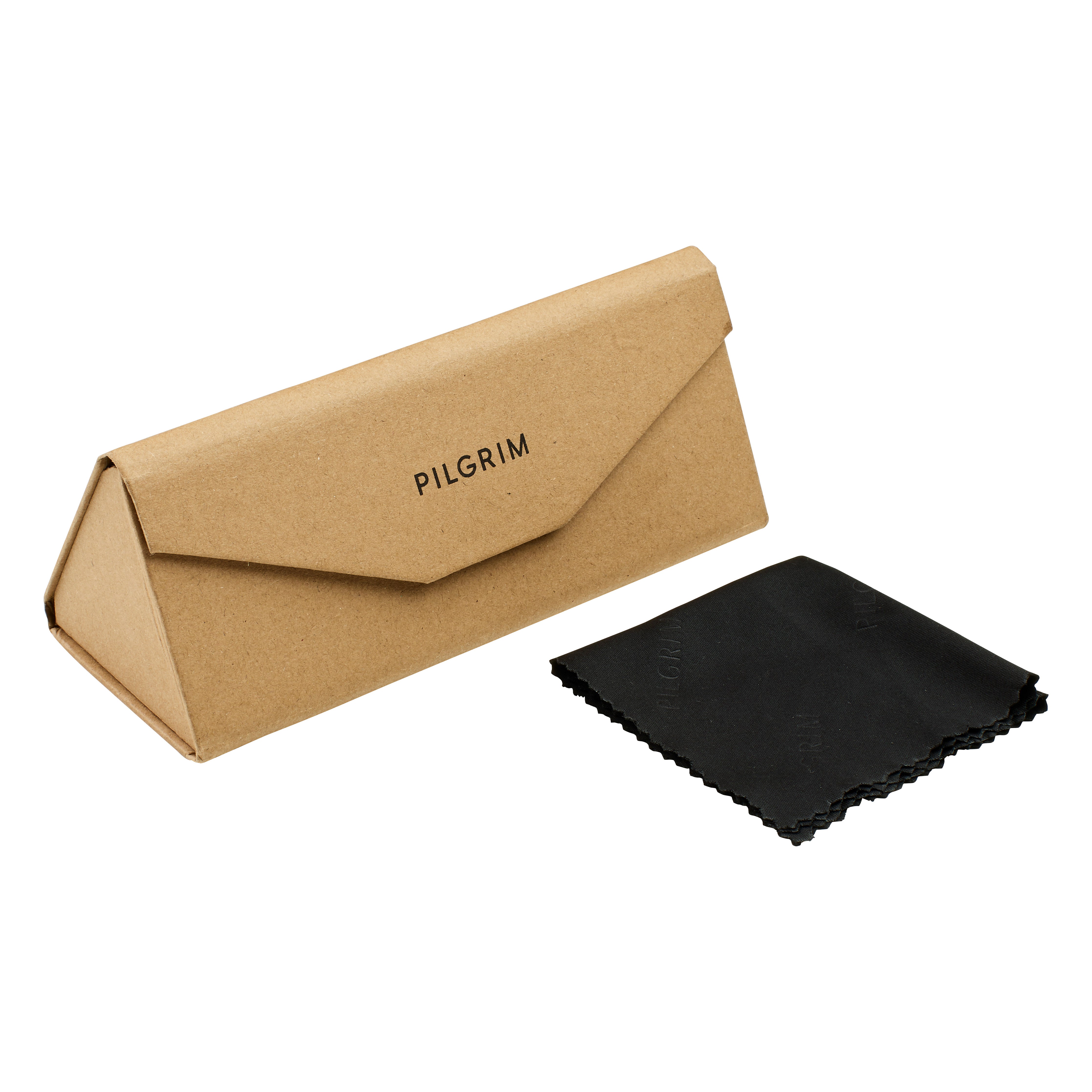 Brown rectangular box featuring the PILGRIM logo, designed as a case for sunglasses, accompanied by a folded black cloth.