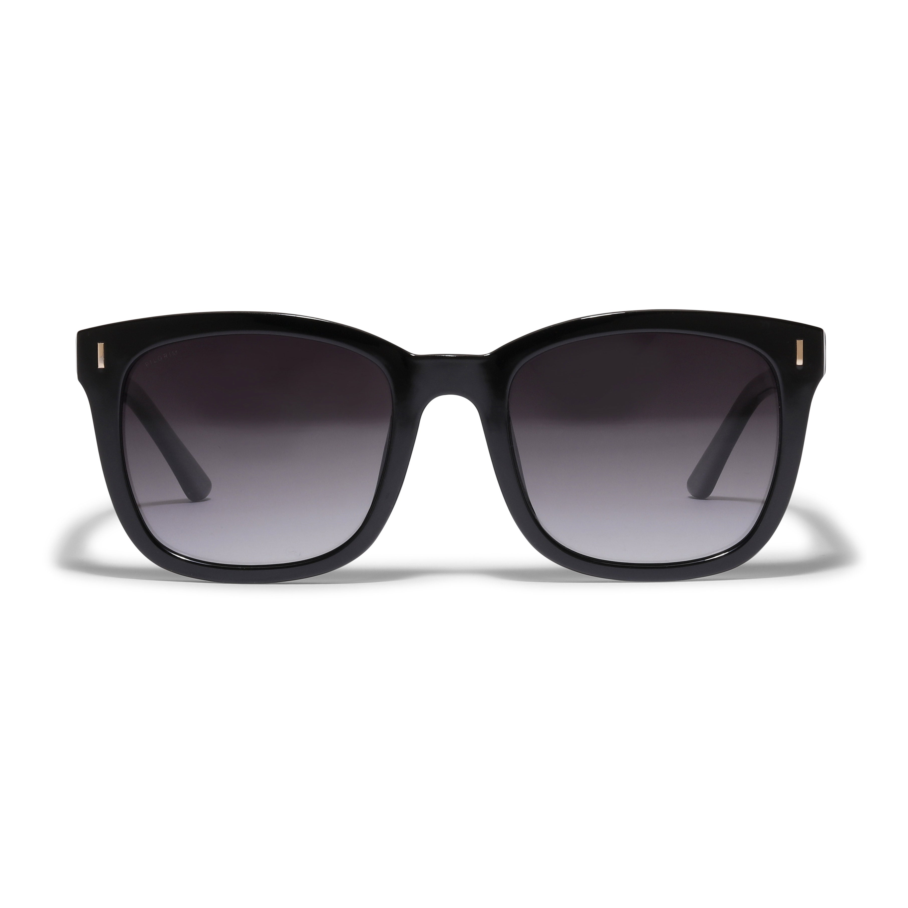 KATYA iconic retro sunglasses in black with grey lenses, featuring a silver touch, made from 75% recycled plastic, offering UVA/UVB protection.