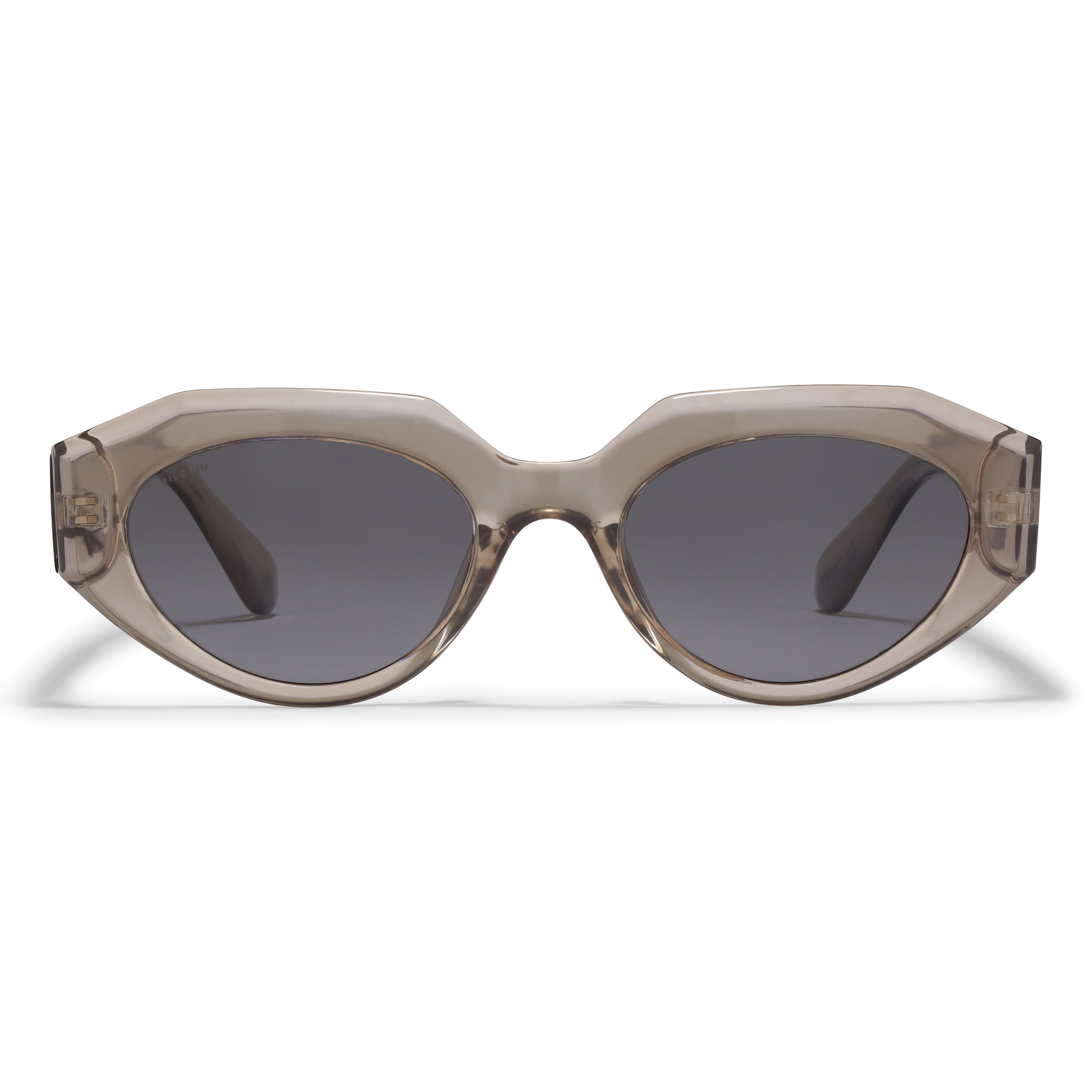 ALEXIS sunglasses in light grey with chunky transparent frame, futuristic design, and grey lenses, offering UVA/UVB protection. Perfect for trendy, fashion-forward style.