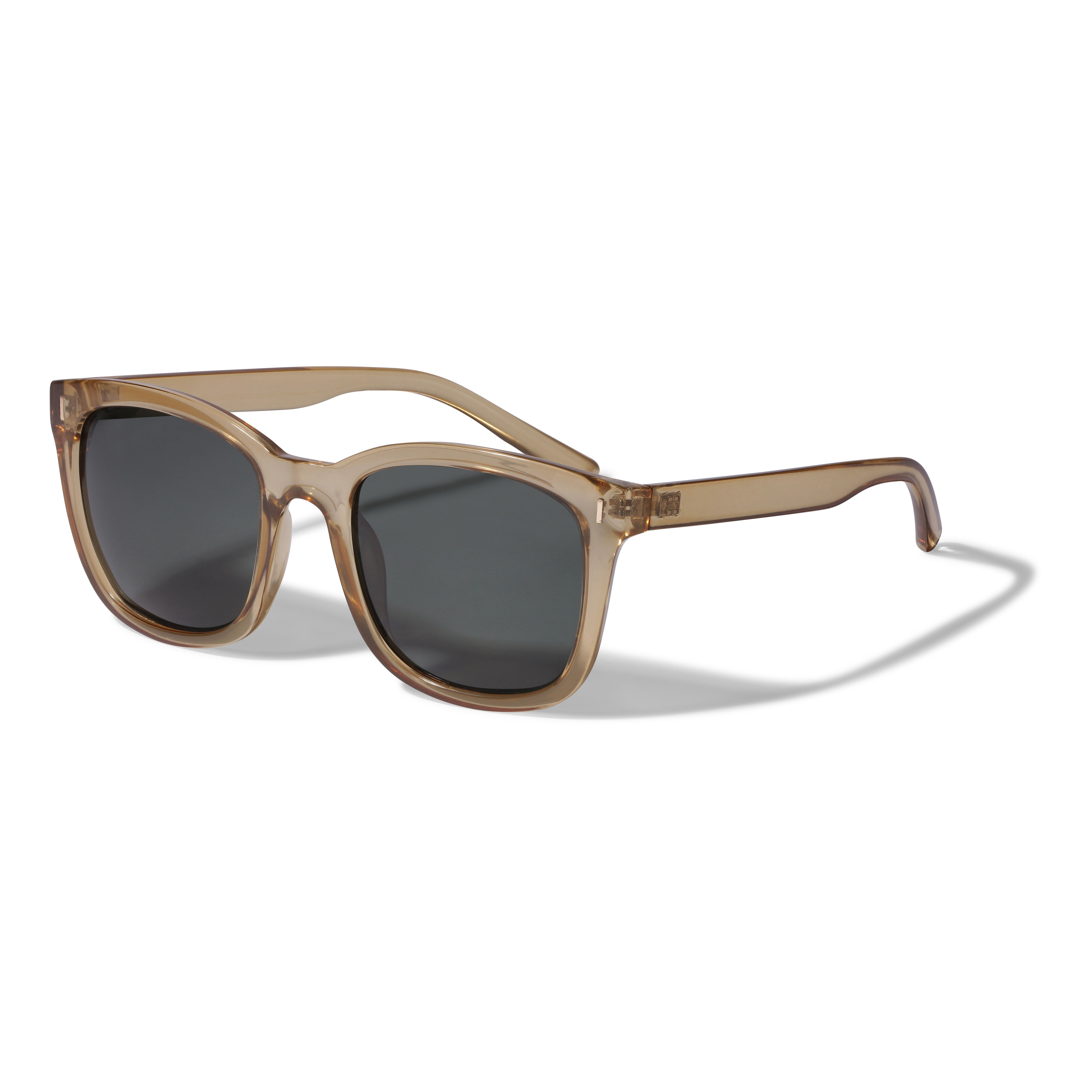 KATYA sunglasses feature transparent brown frames with dark green lenses, offering UVA/UVB protection, perfect for summer events, made from 75% recycled plastic.