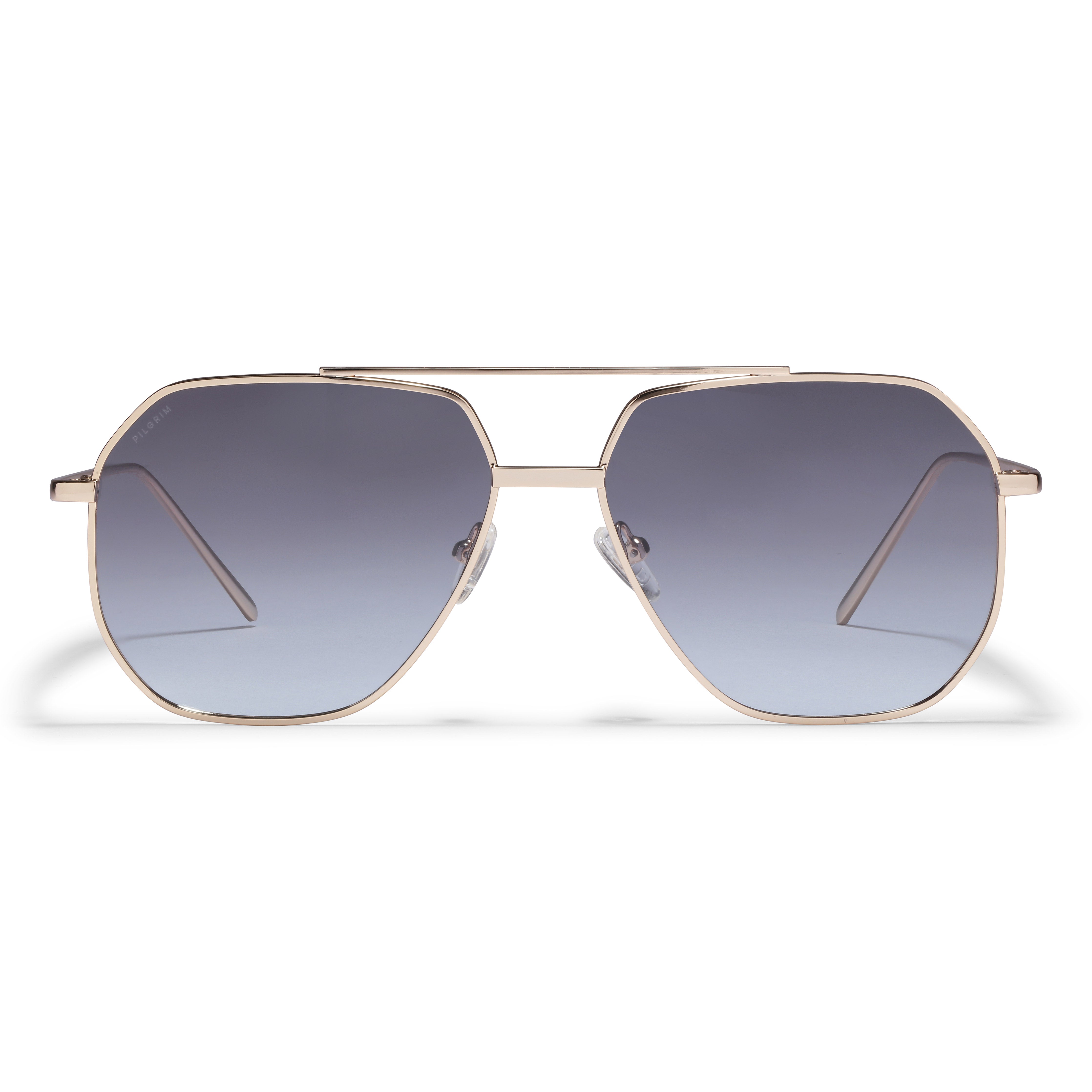 ANA sunglasses in gray and gold feature a sleek, angular Pilot-style metal frame, perfect for a cool, classy look with UVA/UVB protection.