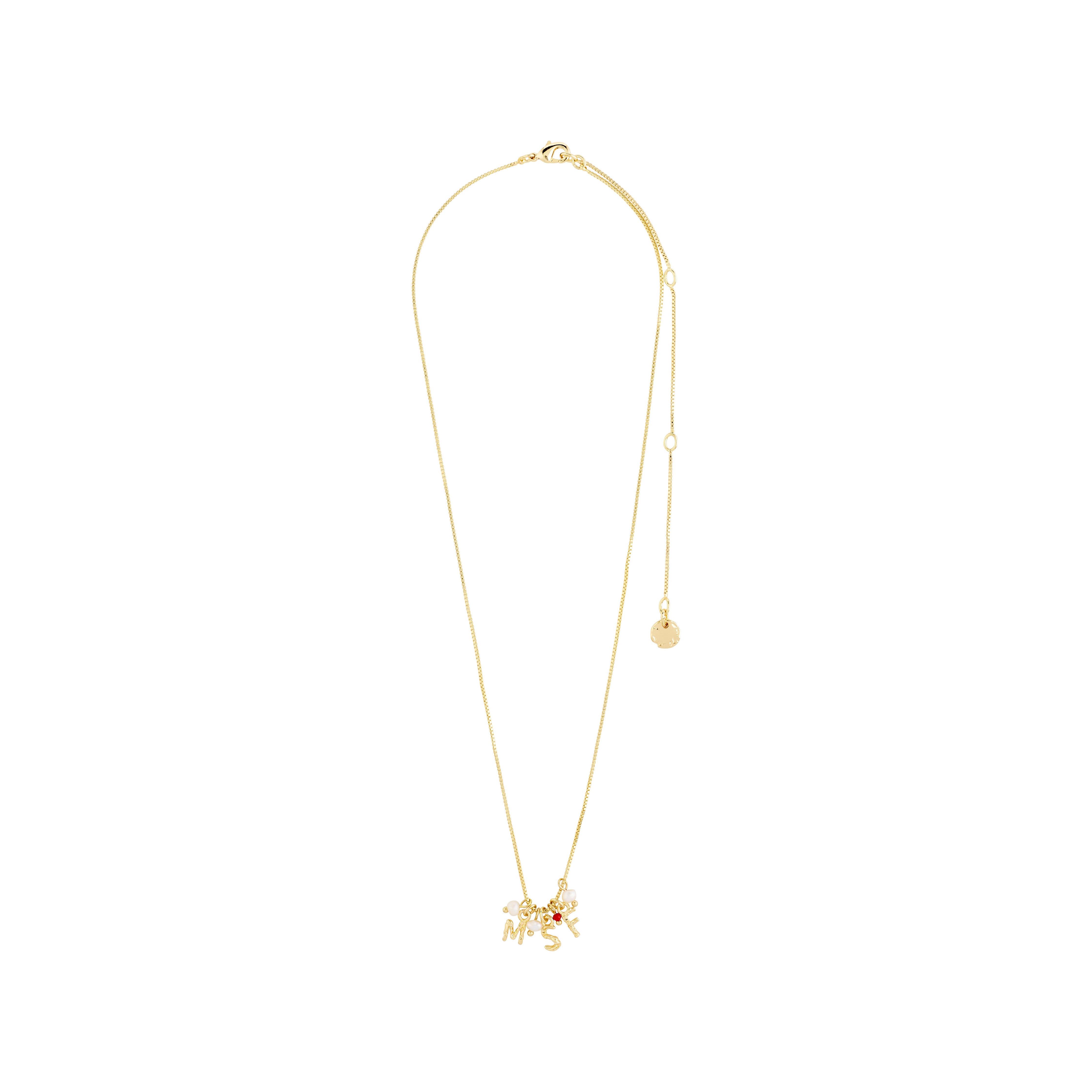 MSF charity necklace gold-plated featuring a pendant with petit freshwater pearls and a red micro pearl, supporting Doctors Without Borders with summer-inspired design.