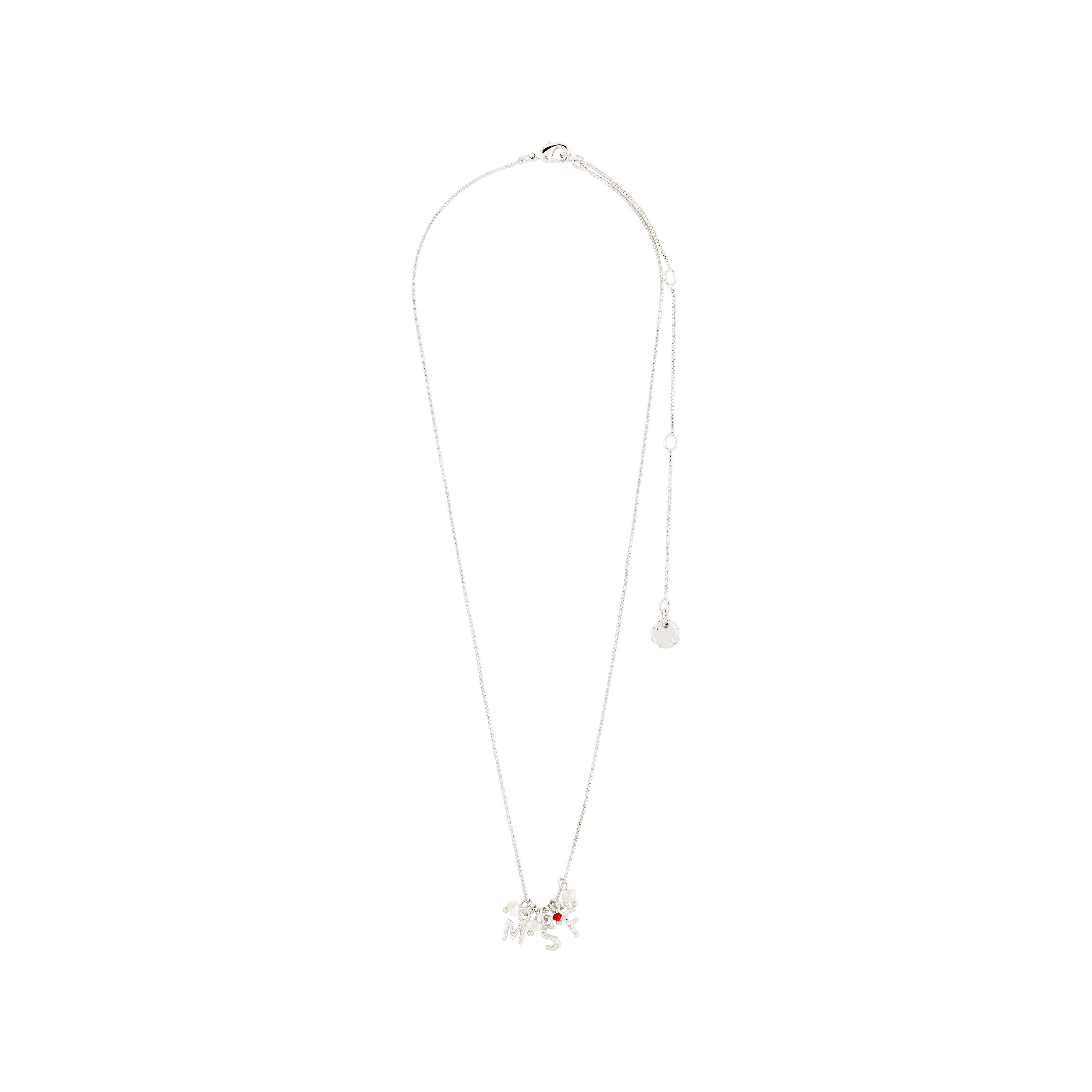 MSF charity necklace silver-plated featuring petite freshwater pearls and a red micro pearl pendant, supporting Doctors Without Borders with recycled materials.