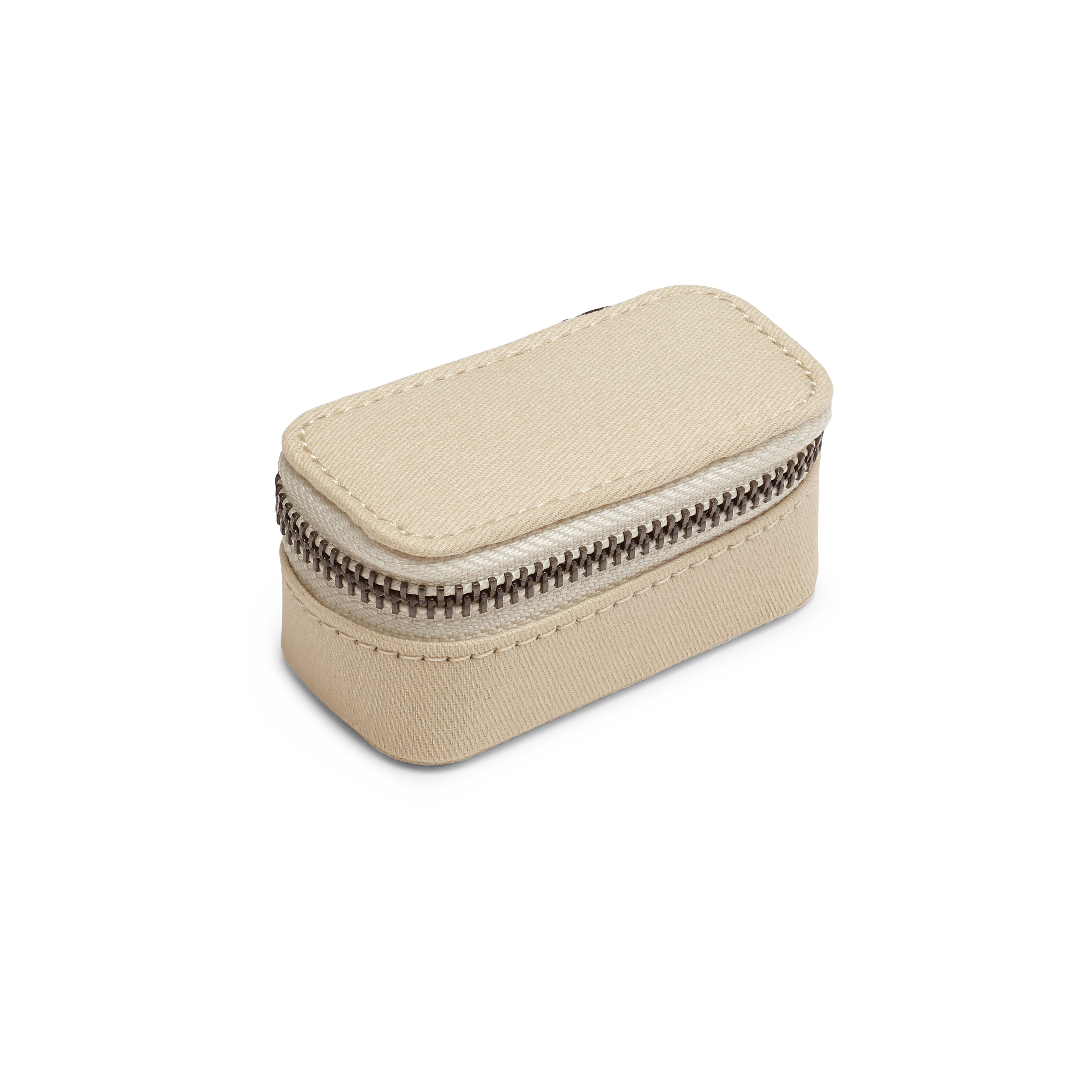 Mini jewelry box with zipper, featuring three rows for rings and earrings, and a compartment for necklaces, in a compact, light sand design.