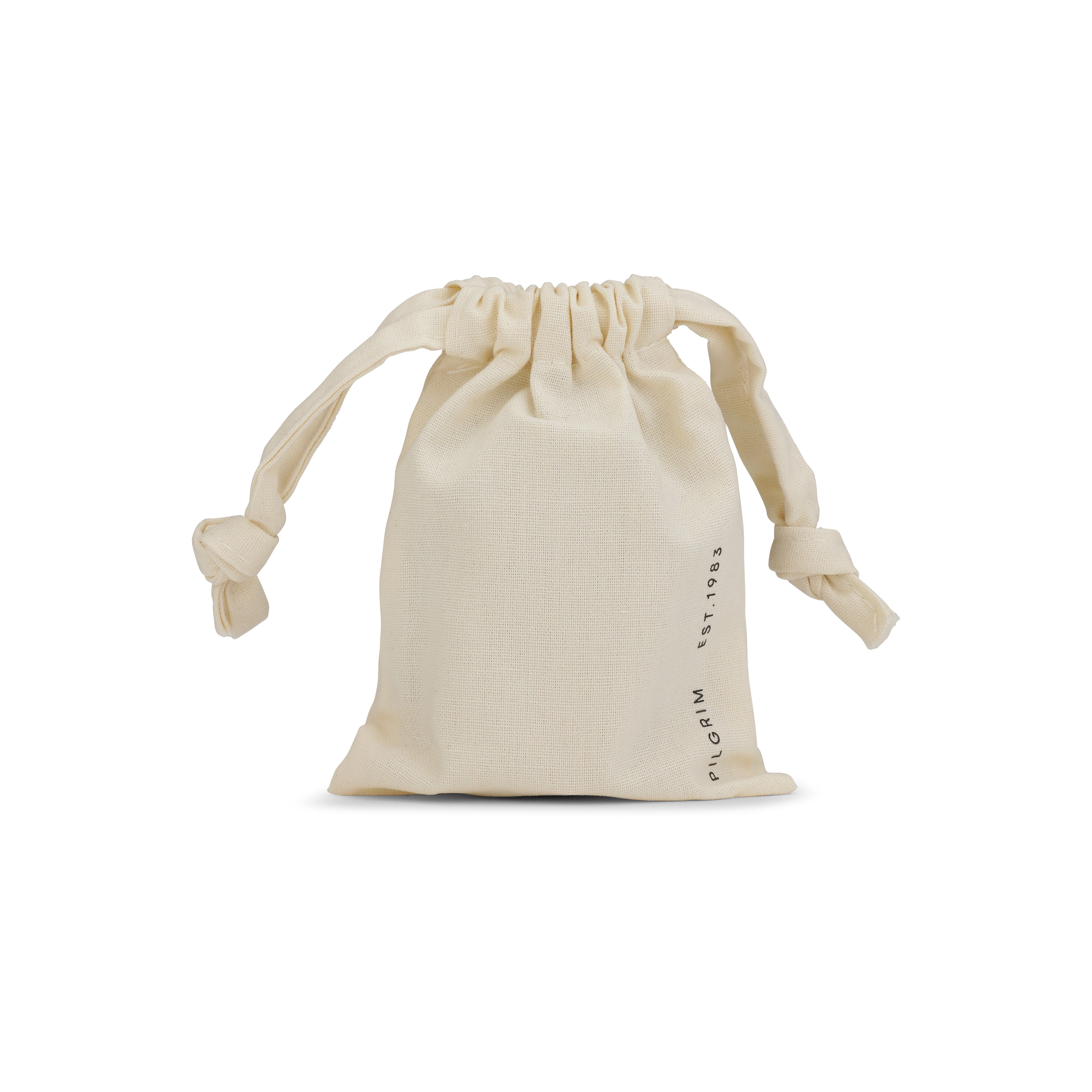 Mini jewelry box, Light Sand, shown in a white fabric pouch with drawstrings. Ideal for organizing jewelry with compartments for rings, earrings, necklaces, and bracelets.