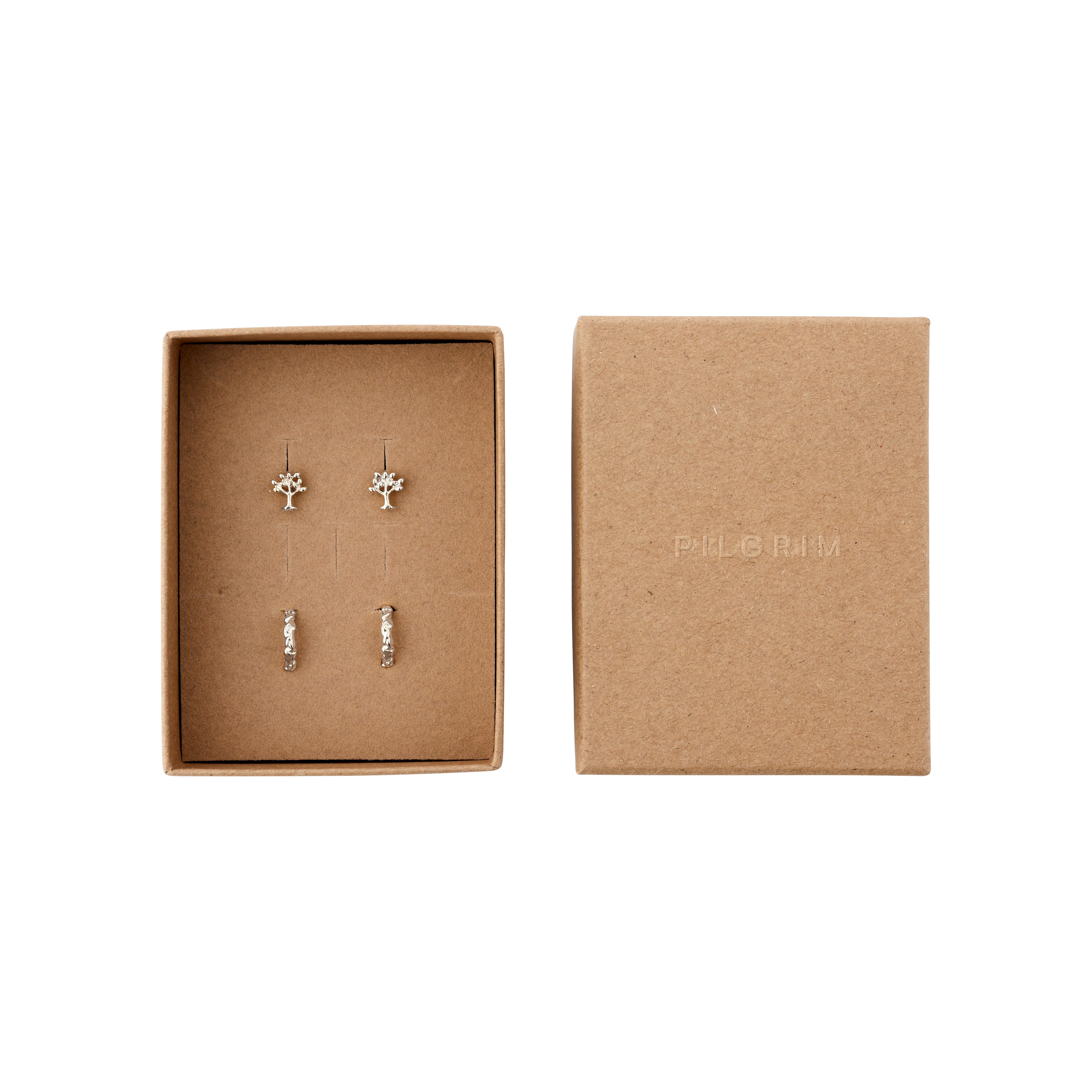 PIPER gift set: Silver-plated earrings featuring Tree of Life beads and classic hoops in a handcrafted style, perfect for a trendy, personalized look.