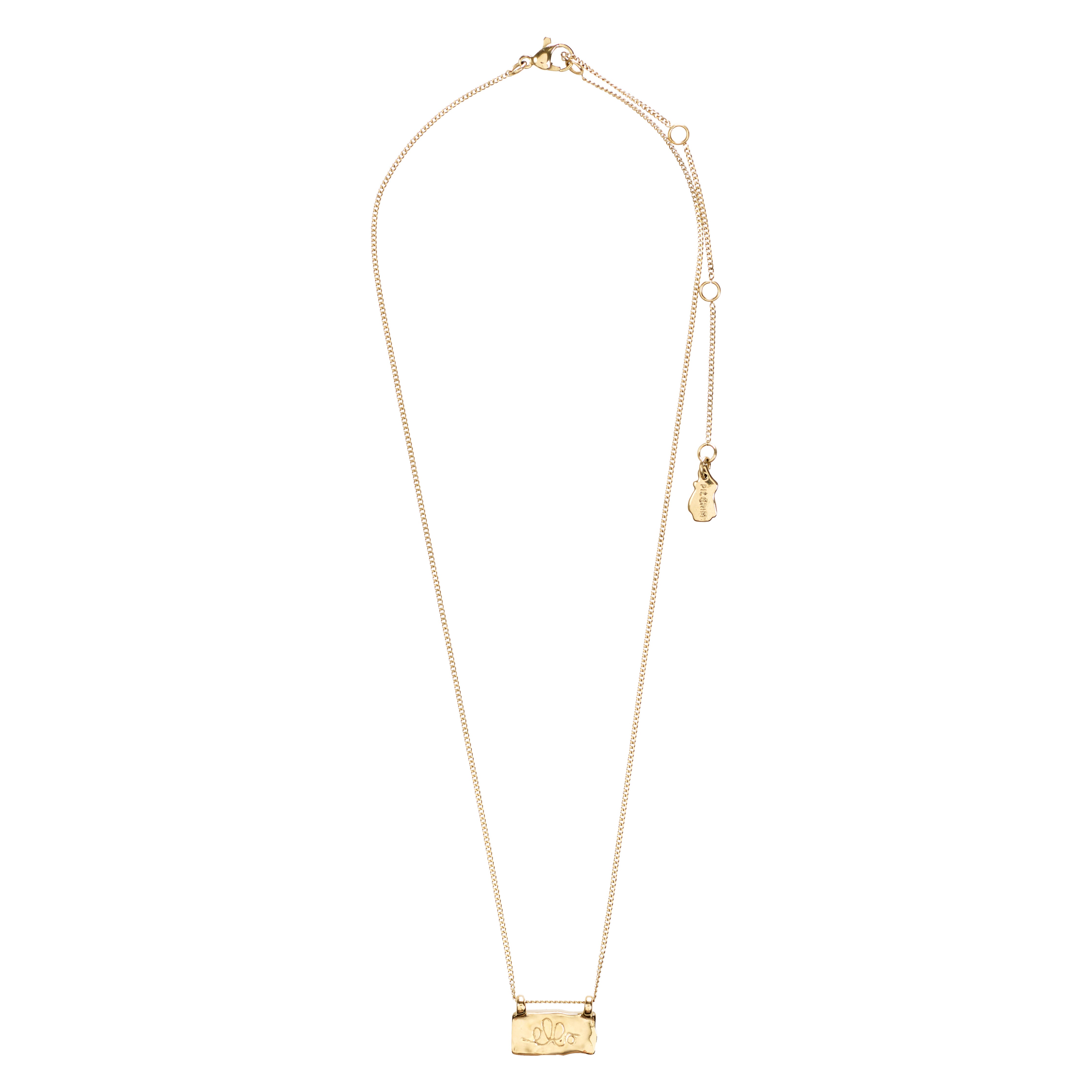 Gold-plated Necklace, Fri Af Misbrug with rectangular wavy pendant, inscribed FRI, supporting FRI AF MISBRUG, crafted from recycled materials by Pilgrim.