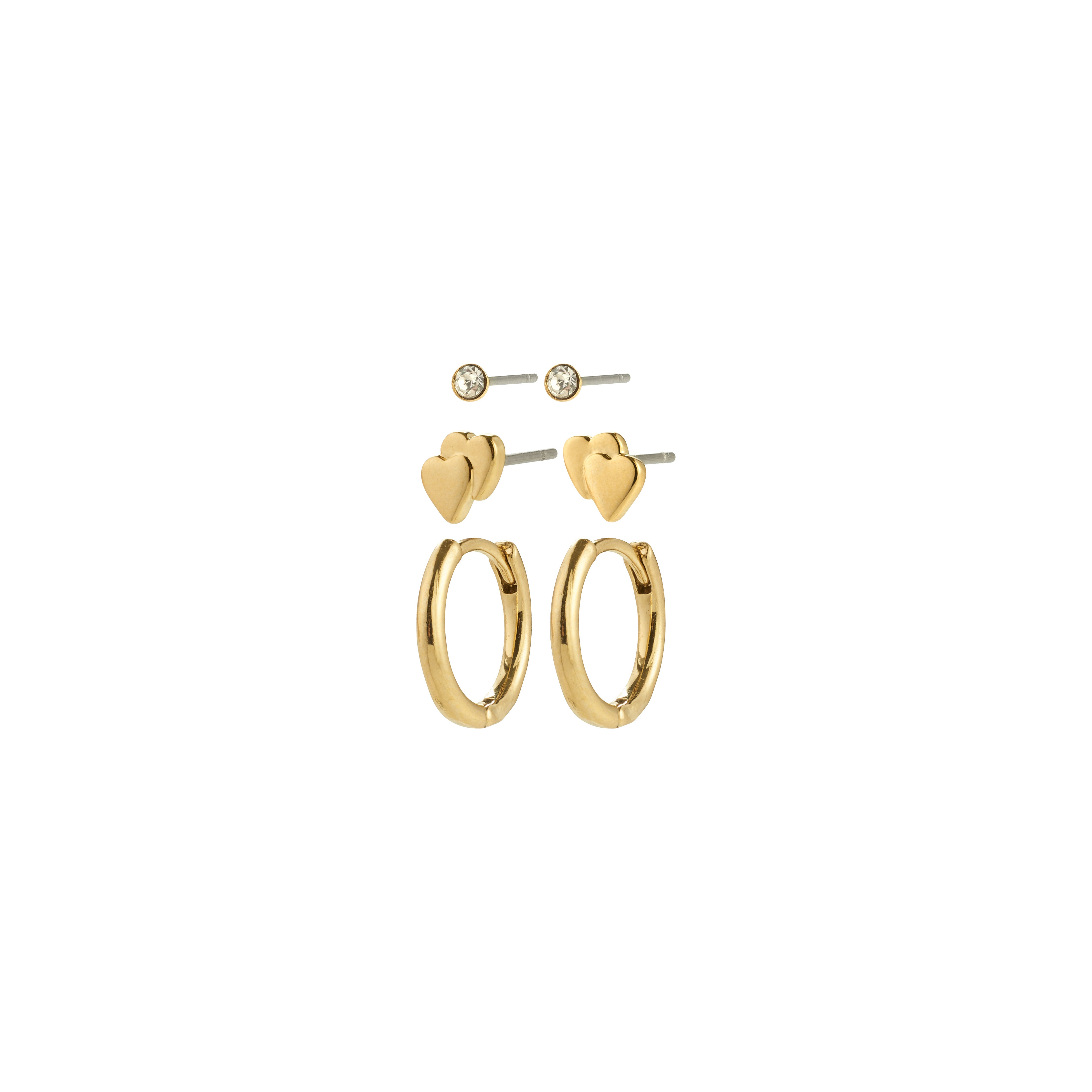 HALO gift set earrings 3-in-1 set: gold-plated studs with Preciosa crystals, heart-shaped studs, and polished hoop earrings, crafted from 94% recycled materials.