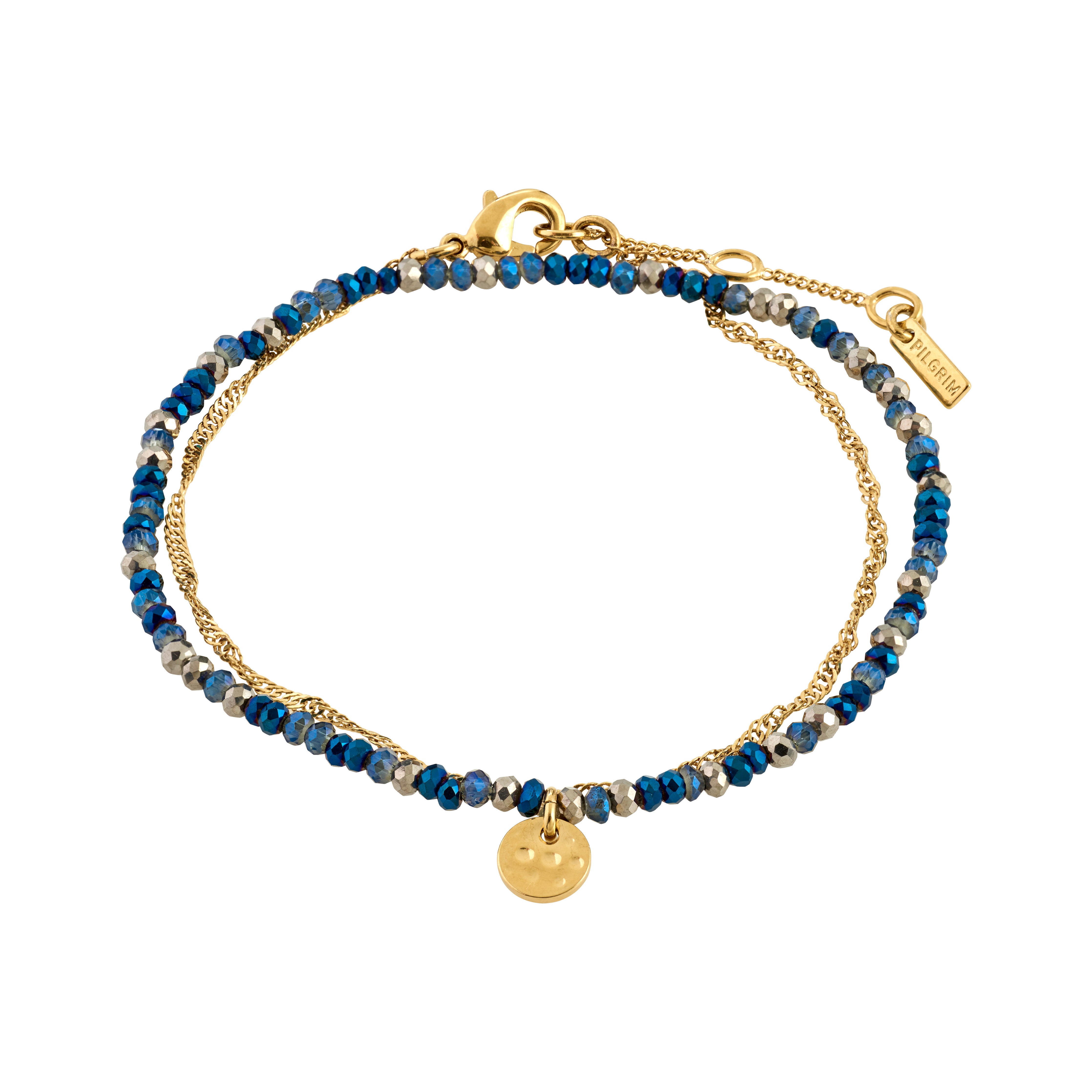 BELLAMY gift set: Double-strand bracelet with metallic blue-gray beads and a gold-tone chain, featuring a lobster clasp and branded charm, offering versatile, elegant layering.