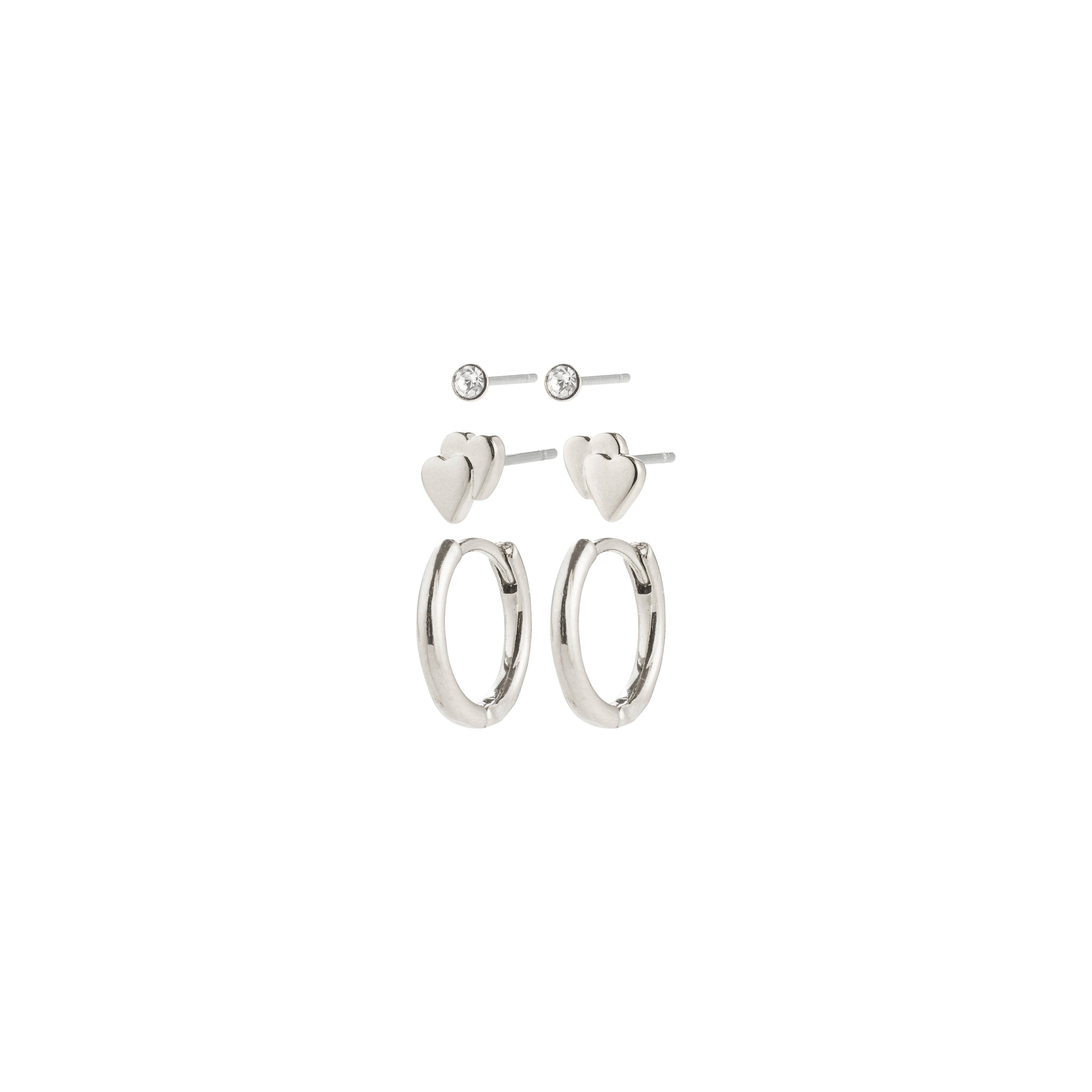 HALO gift set: Three silver-plated earrings including crystal studs, heart-shaped studs, and huggie hoops, crafted from recycled material for versatile, eco-conscious styling.