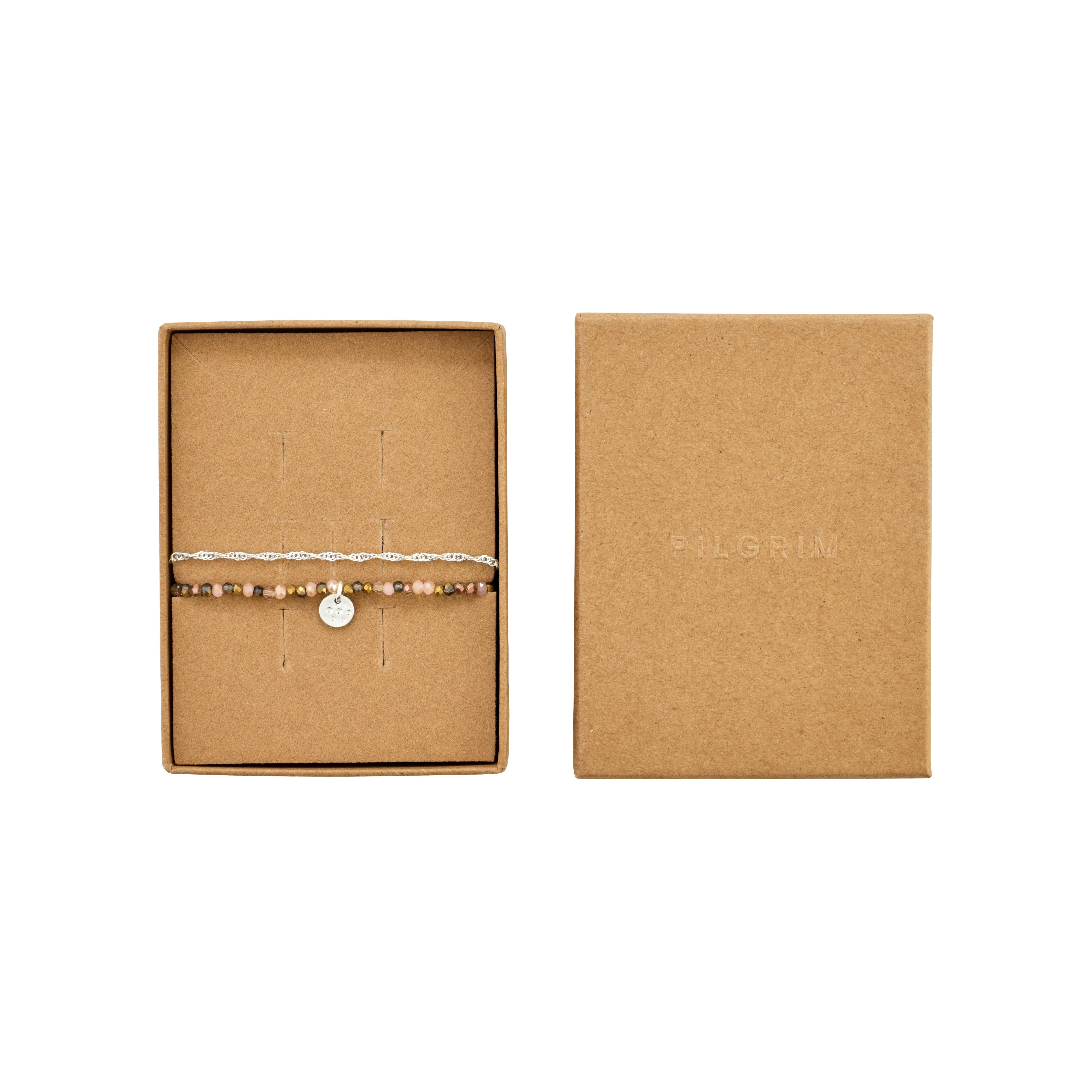 BELLAMY gift set: Open eco-style box with two bracelets—a silver-plated chain and pastel beaded strand with silver charm—offering versatile, stylish layering.