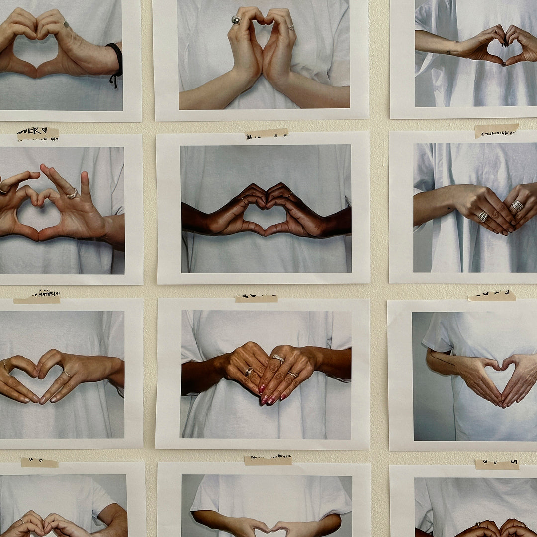 Collage of diverse hands forming heart shapes, symbolizing inclusivity and creativity, reflecting Pilgrim's dedication to timeless, trendy, Scandinavian-inspired handmade jewelry.