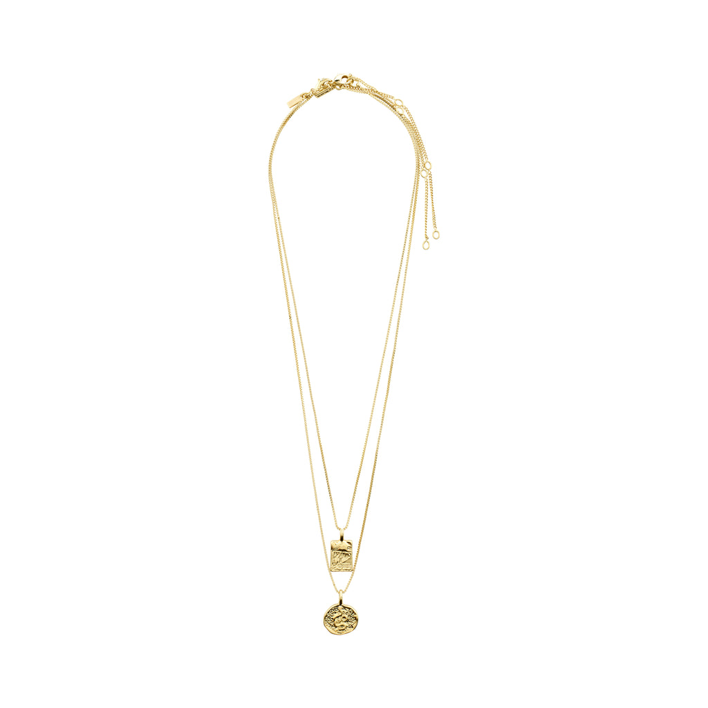 VALKYRIA coin necklace set features two gold-plated chains with serpent and raven pendants, inspired by Norse mythology, perfect for layering or individual wear.