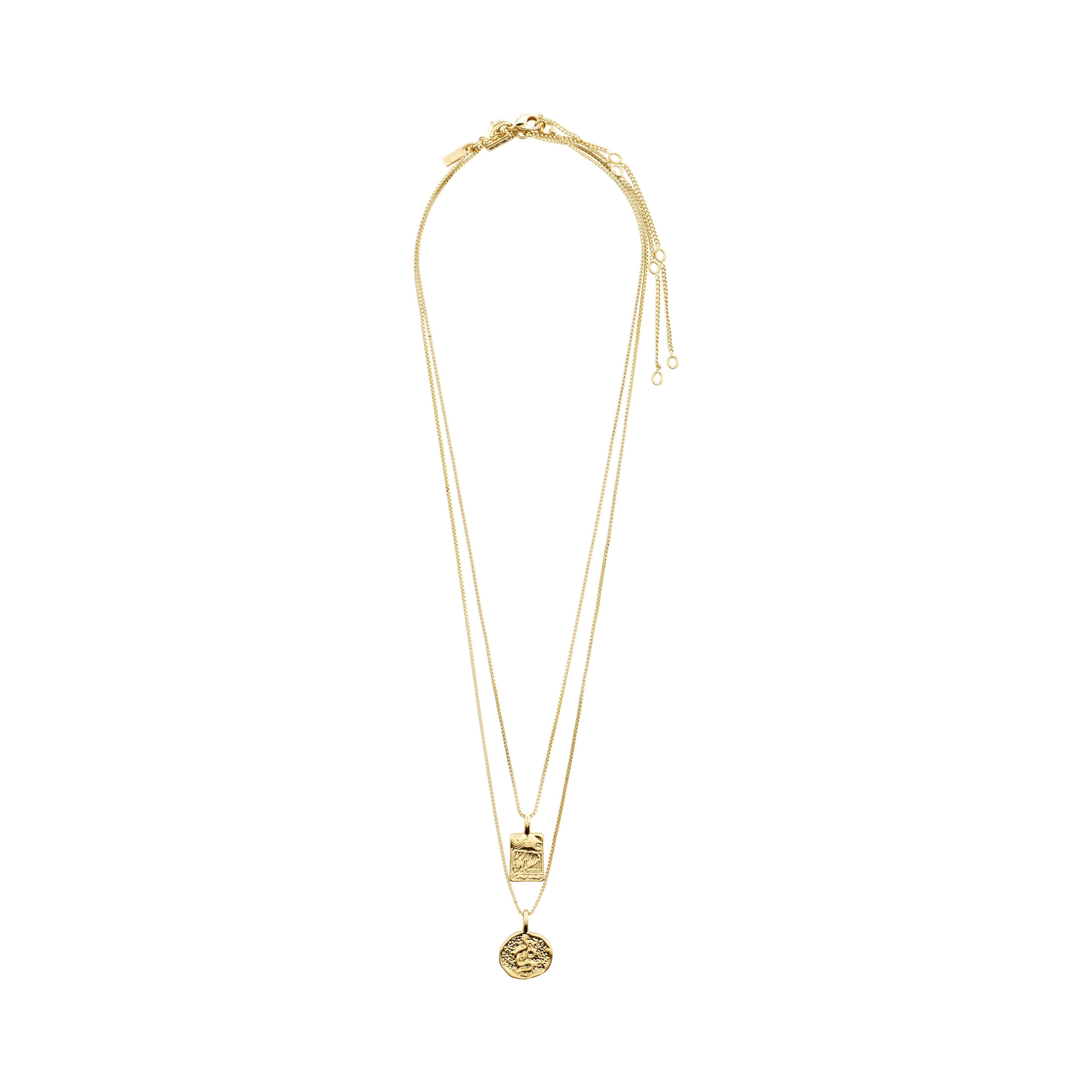 VALKYRIA coin necklace set features two gold-plated chains with serpent and raven pendants, inspired by Norse mythology, perfect for layering or individual wear.
