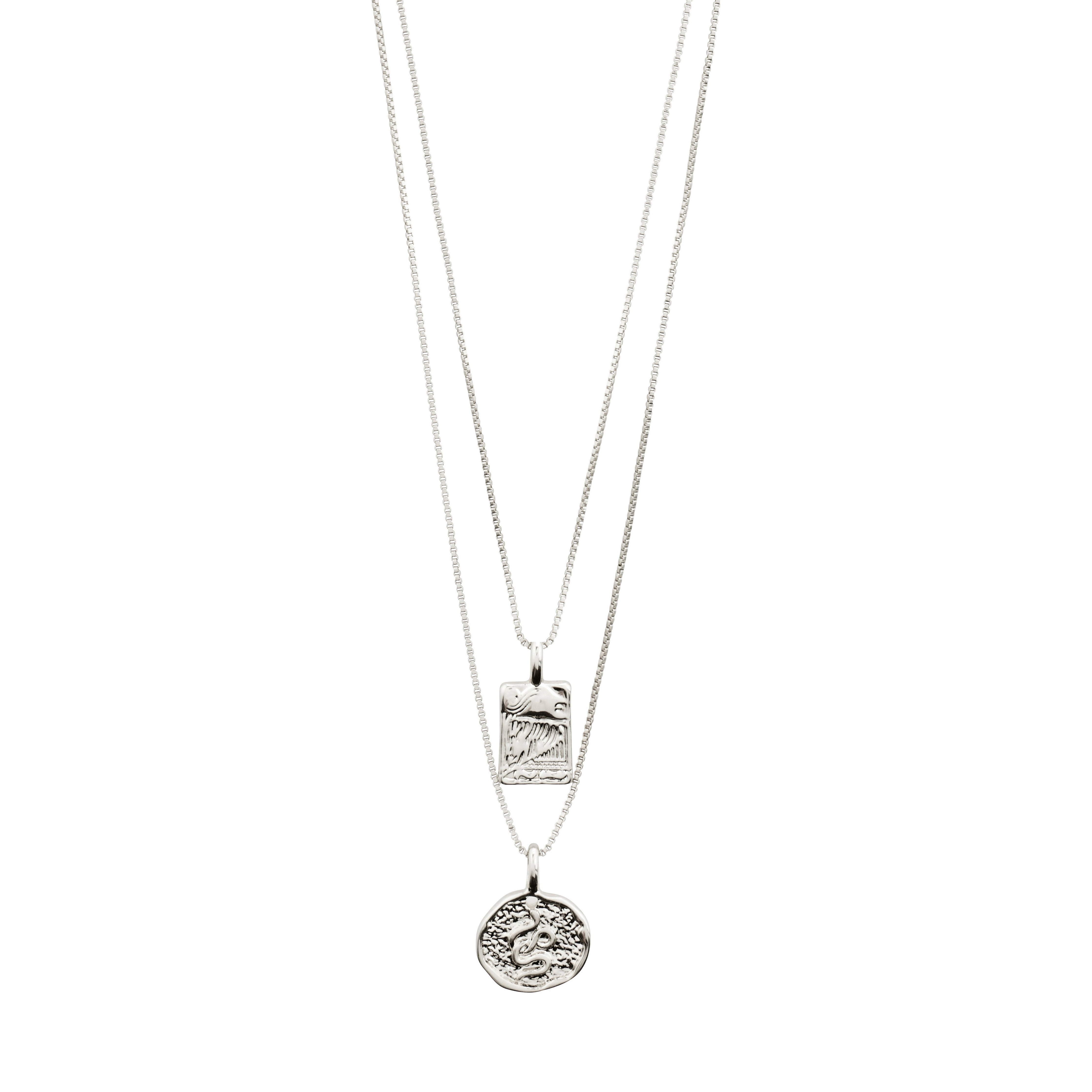 VALKYRIA coin necklace 2-in-1-set silver-plated features two silver pendants with serpent and raven designs, inspired by Norse mythology, on 40 cm and 45 cm chains.