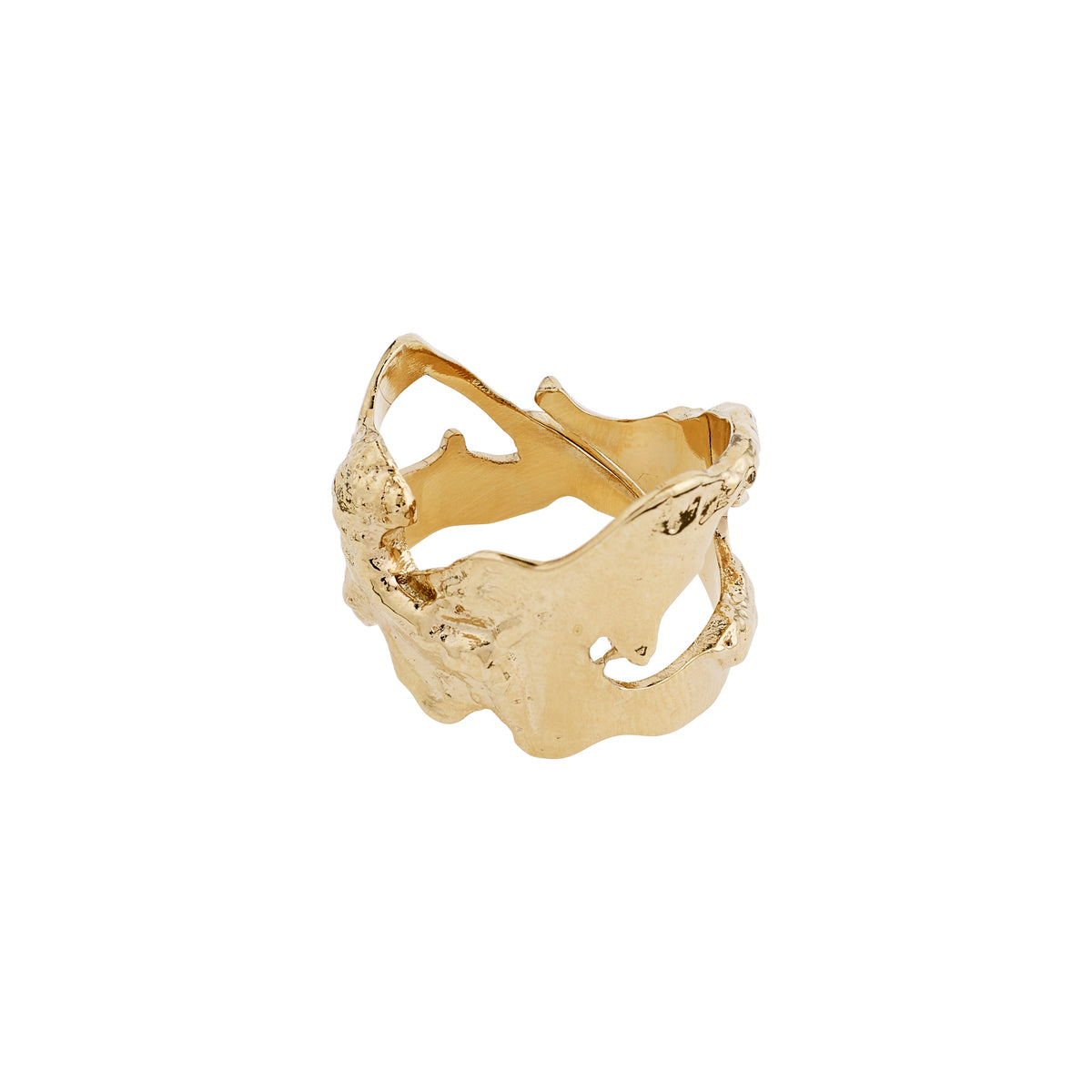 Gold-plated COMPASS ring with organic, molten cut-out design, reflecting nature-inspired textures and bold statement style, embodying Scandinavian craftsmanship and adventurous spirit.