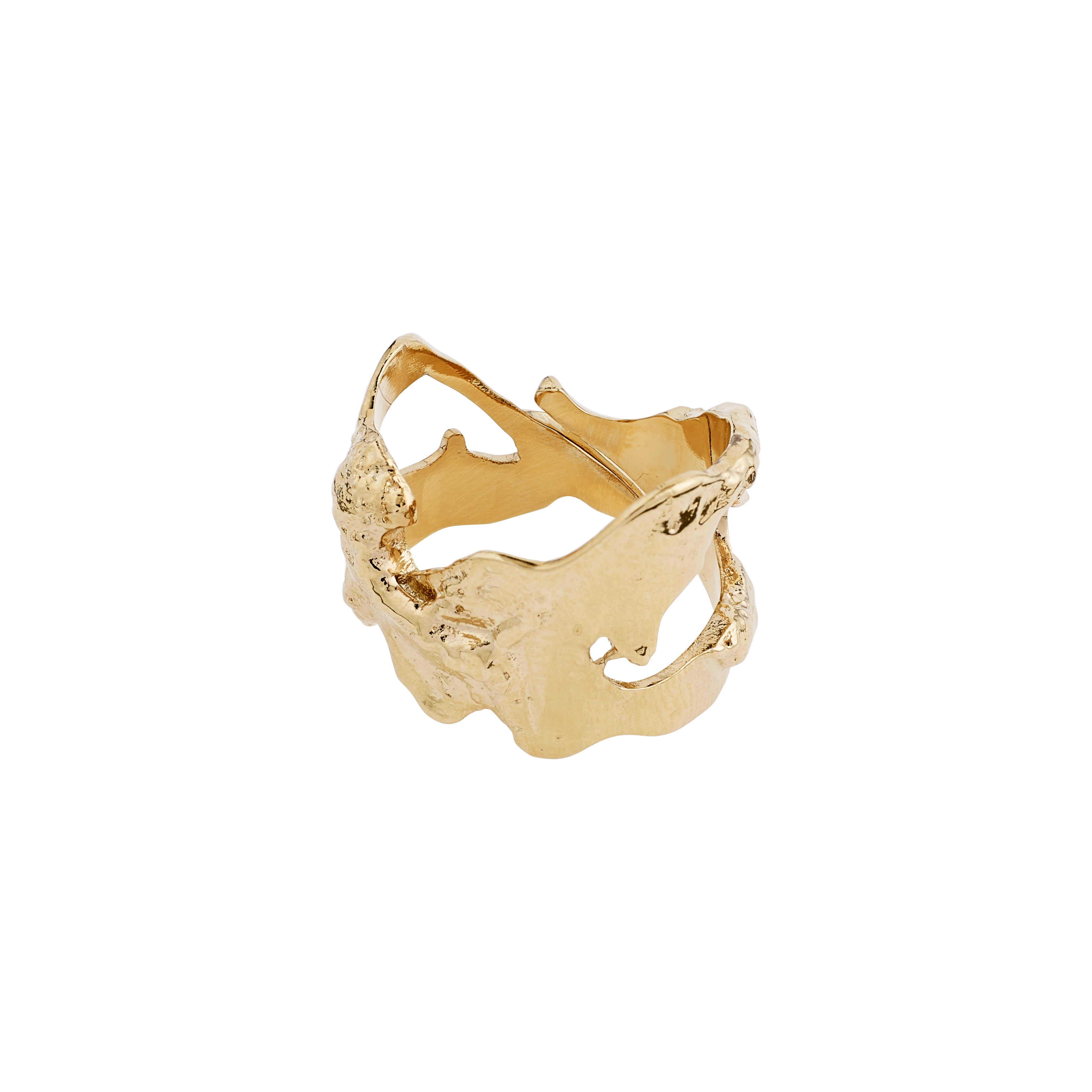 Gold-plated COMPASS ring with organic, molten cut-out design, reflecting nature-inspired textures and bold statement style, embodying Scandinavian craftsmanship and adventurous spirit.