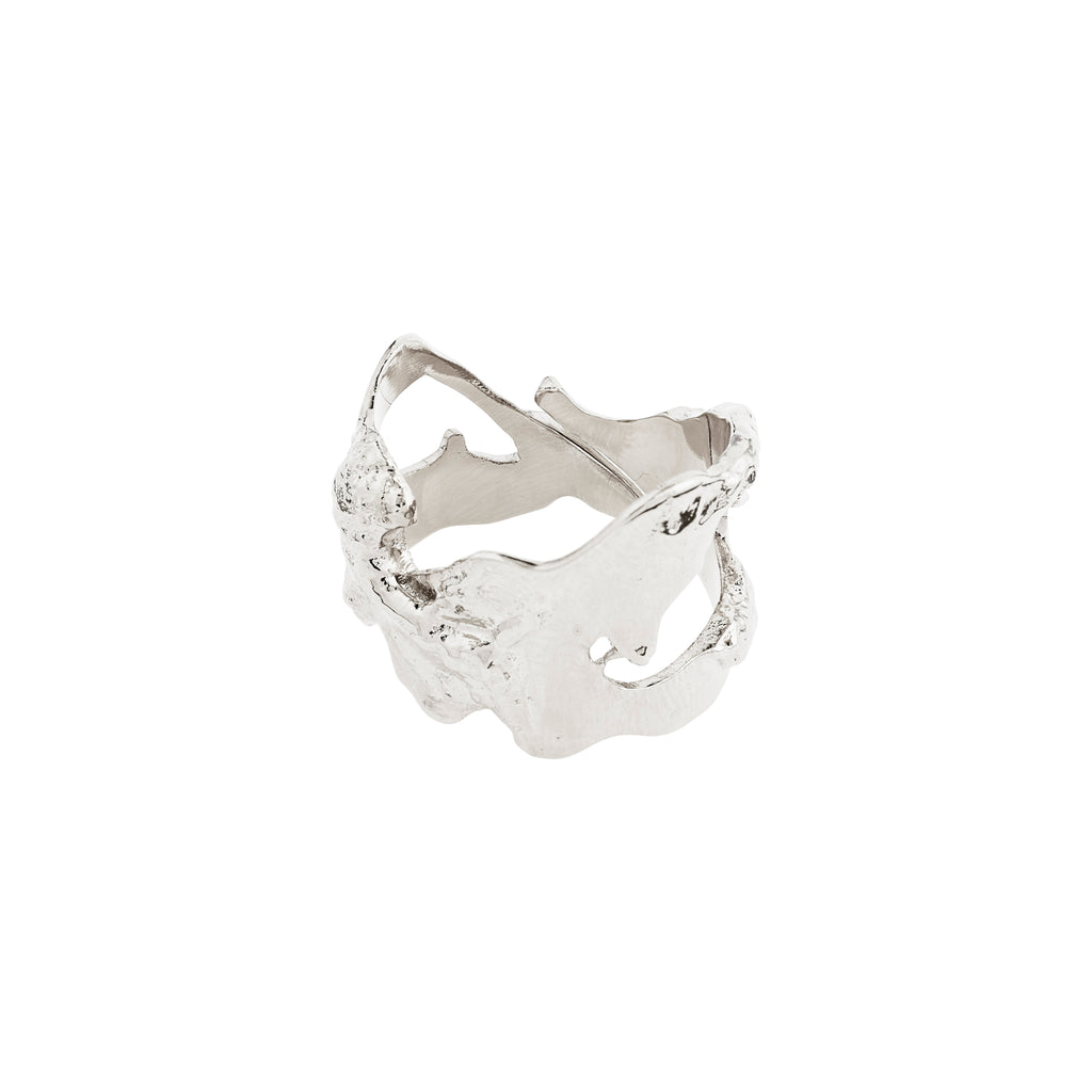 Silver-plated COMPASS ring with an organic, sculpted open-band design, featuring flowing, irregular shapes, offering a bold, modern touch to any outfit.