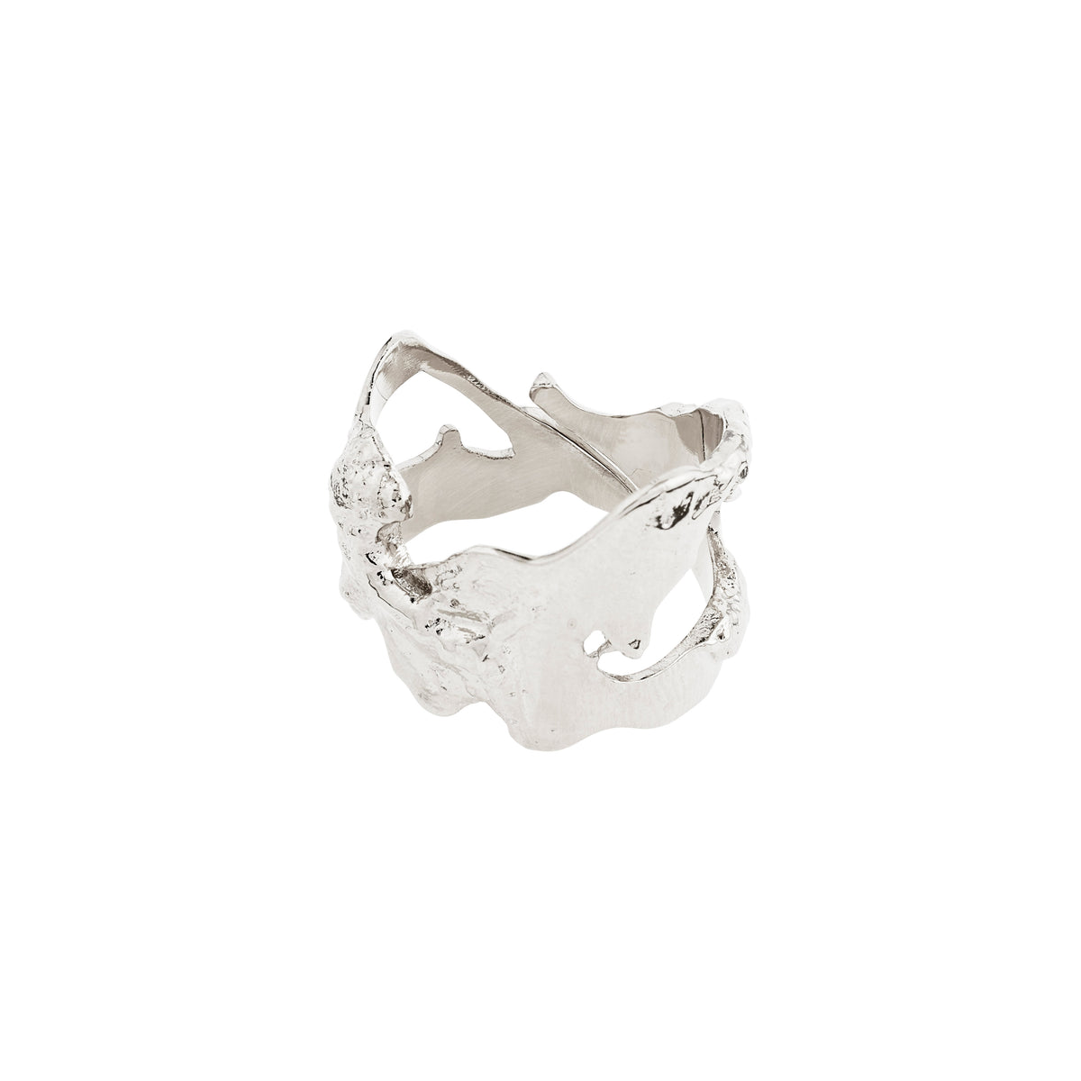 Silver-plated COMPASS ring with an organic, sculpted open-band design, featuring flowing, irregular shapes, offering a bold, modern touch to any outfit.