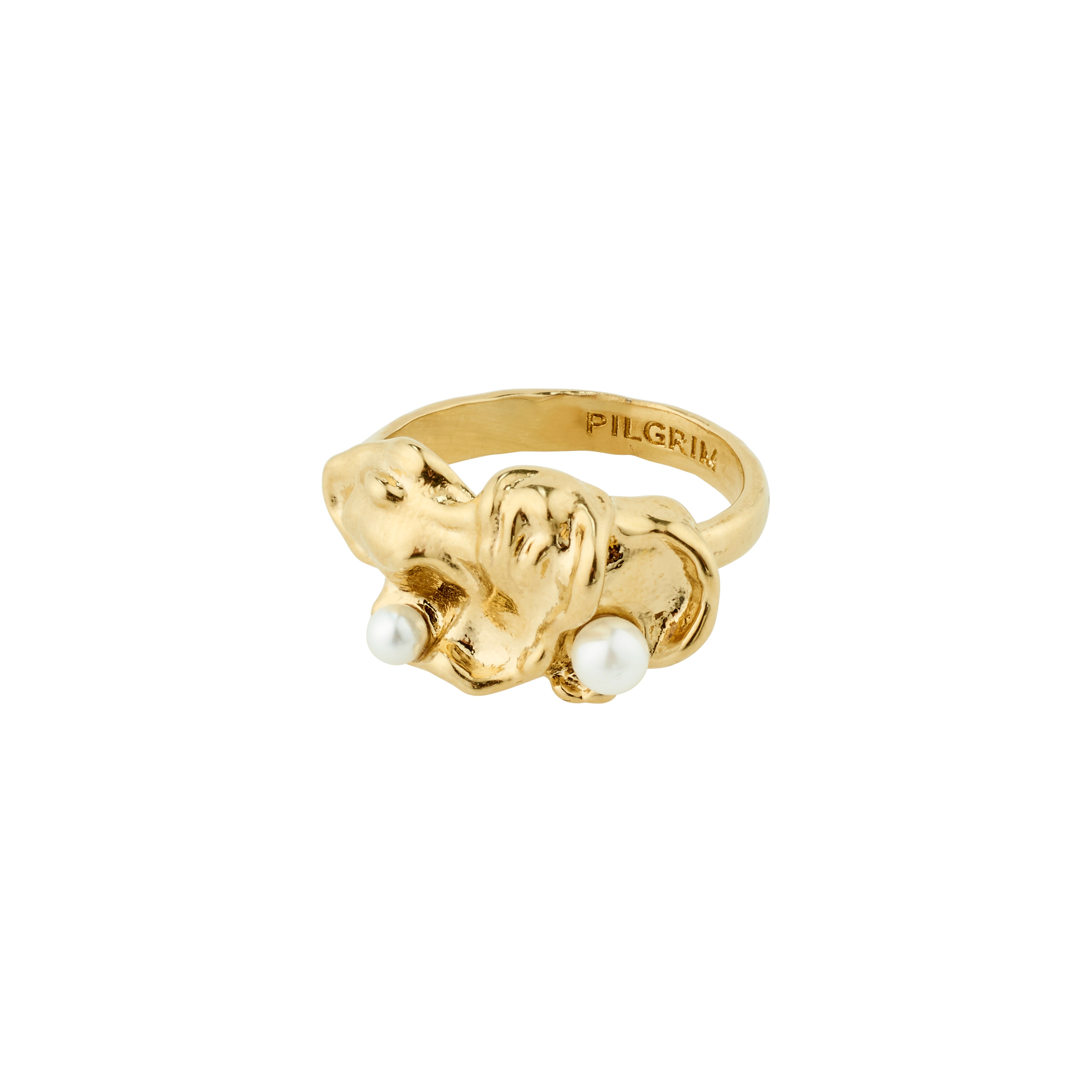 MOON gold-plated ring with pearls, featuring an adjustable organic shape and shiny finish, embodying individuality and sustainable style from Pilgrim's collection.