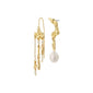 MOON earrings gold-plated, featuring asymmetrical, organic shapes with a large freshwater pearl pendant, reflecting a handcrafted, boho-chic style from Pilgrim's collection.