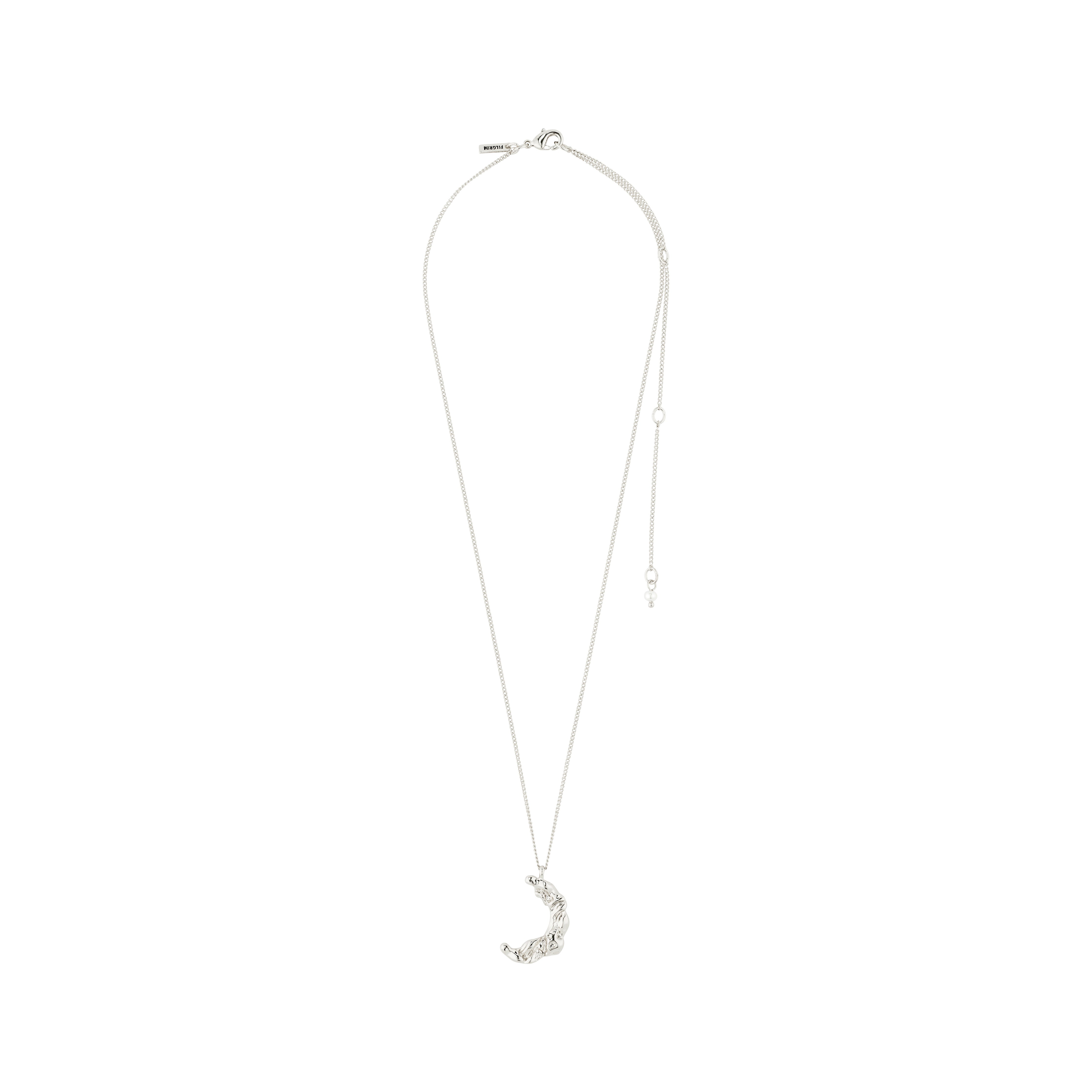 MOON necklace silver-plated with a half-moon pendant, featuring a unique handcrafted texture and adjustable chain, part of Pilgrim's sustainable collection.