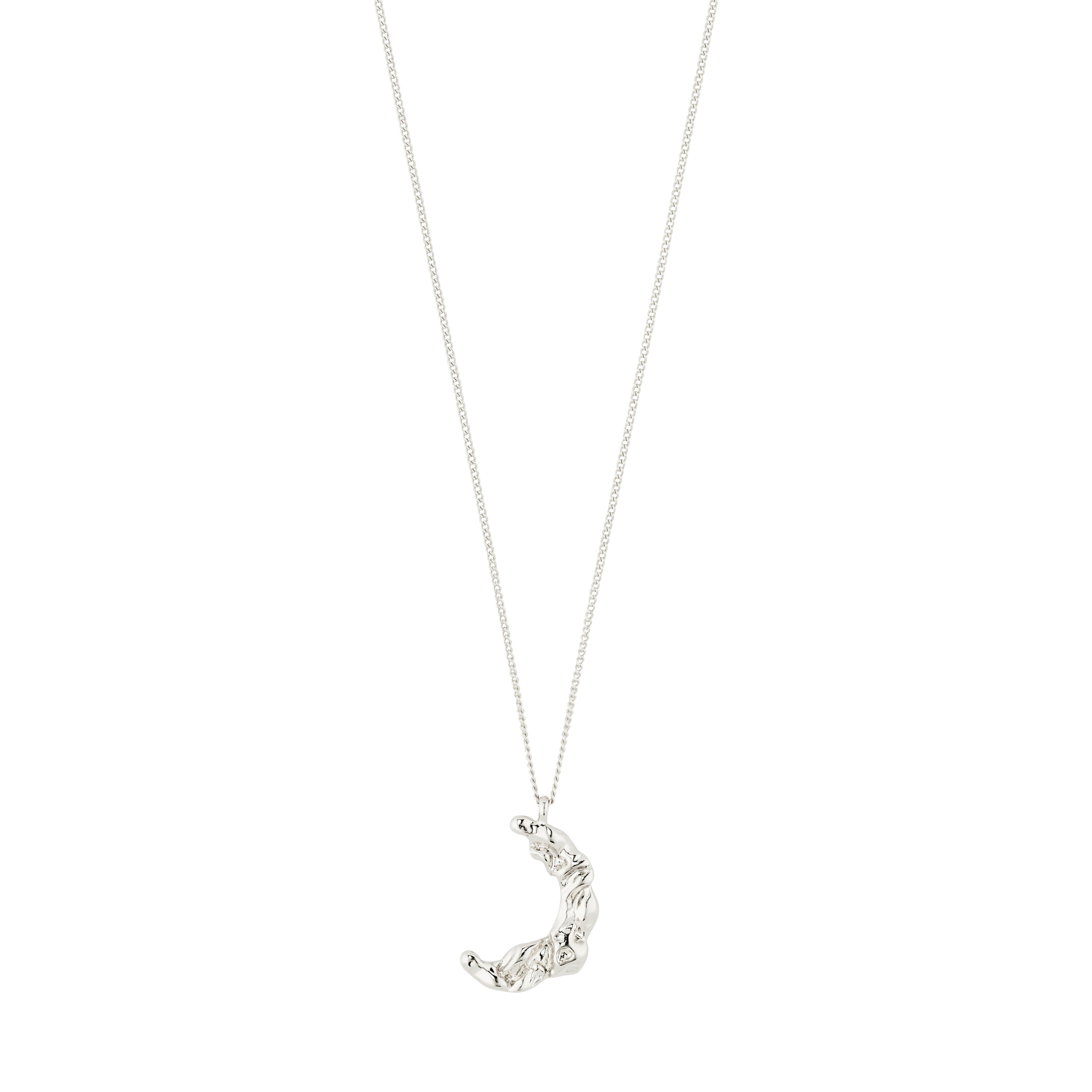 MOON necklace silver-plated, featuring a handcrafted half-moon pendant, perfect for casual or elegant styles. Made from 97% recycled material.