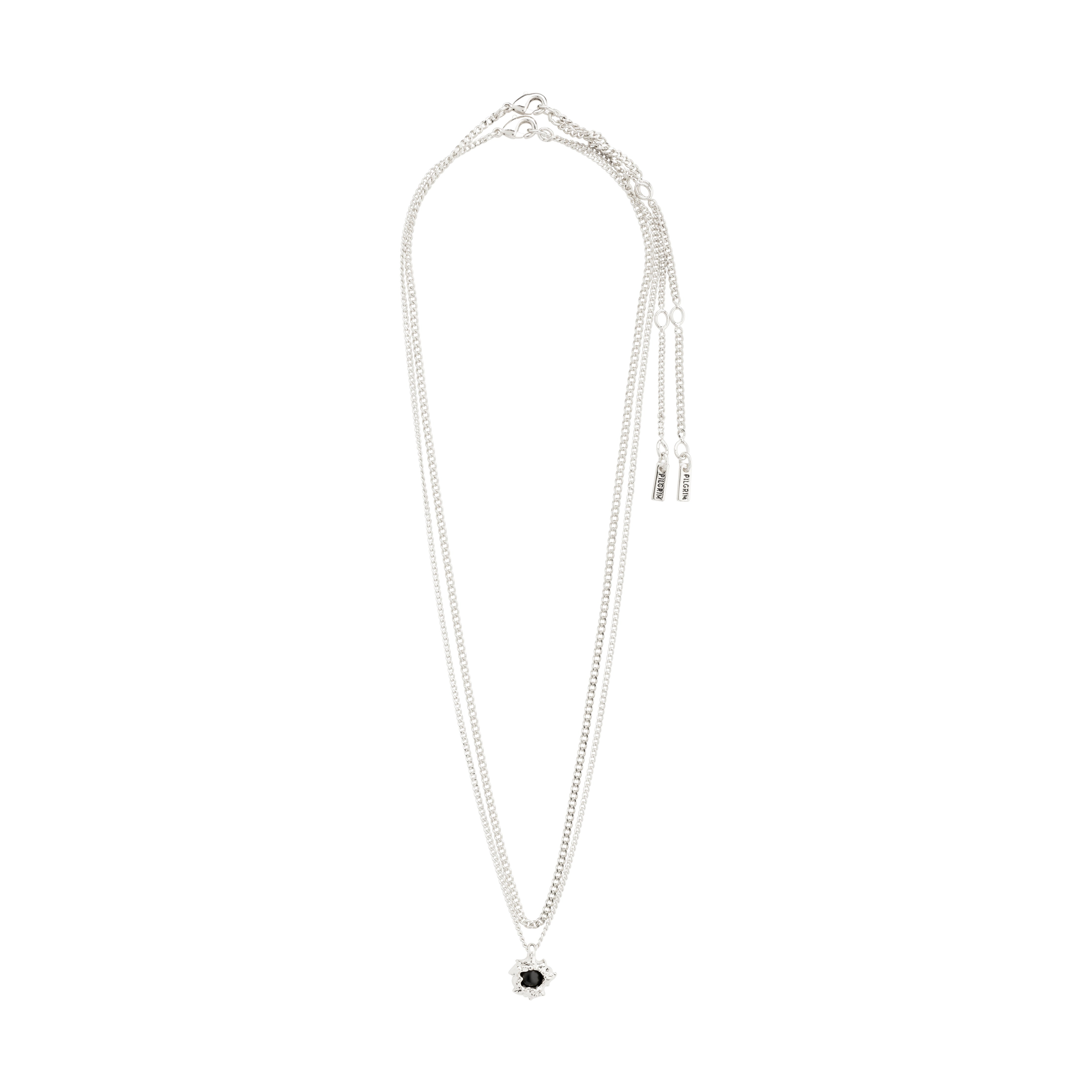 ACT necklace 2-in-1 silver-plated features two adjustable curb chains with a silver-plated pendant showcasing a black Agate stone, offering versatile elegance.