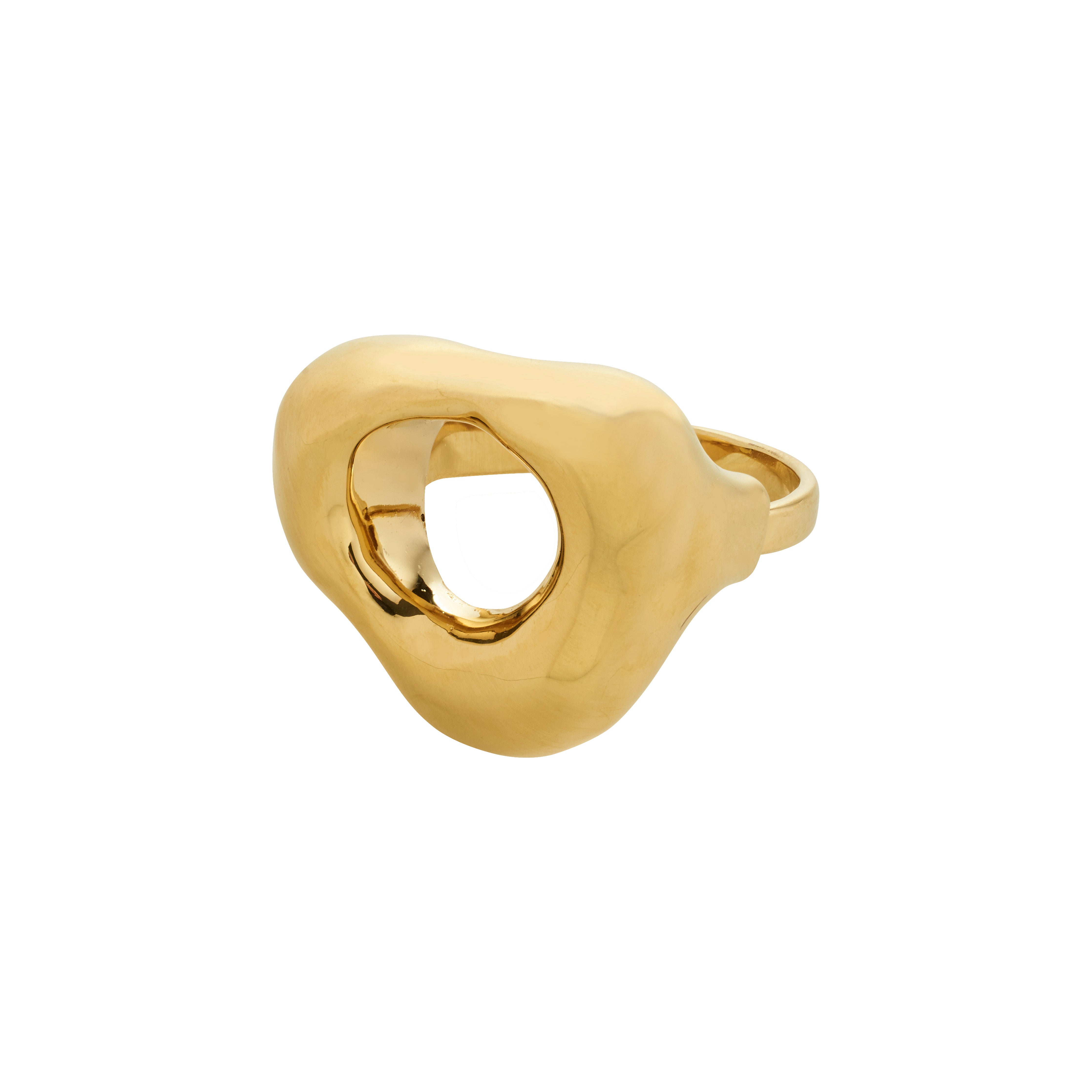 Gold-plated FREE ring with an amoeba shape, polished mirror surface, and organic design inspired by beach stones, reflecting modern Scandinavian style from Pilgrim.